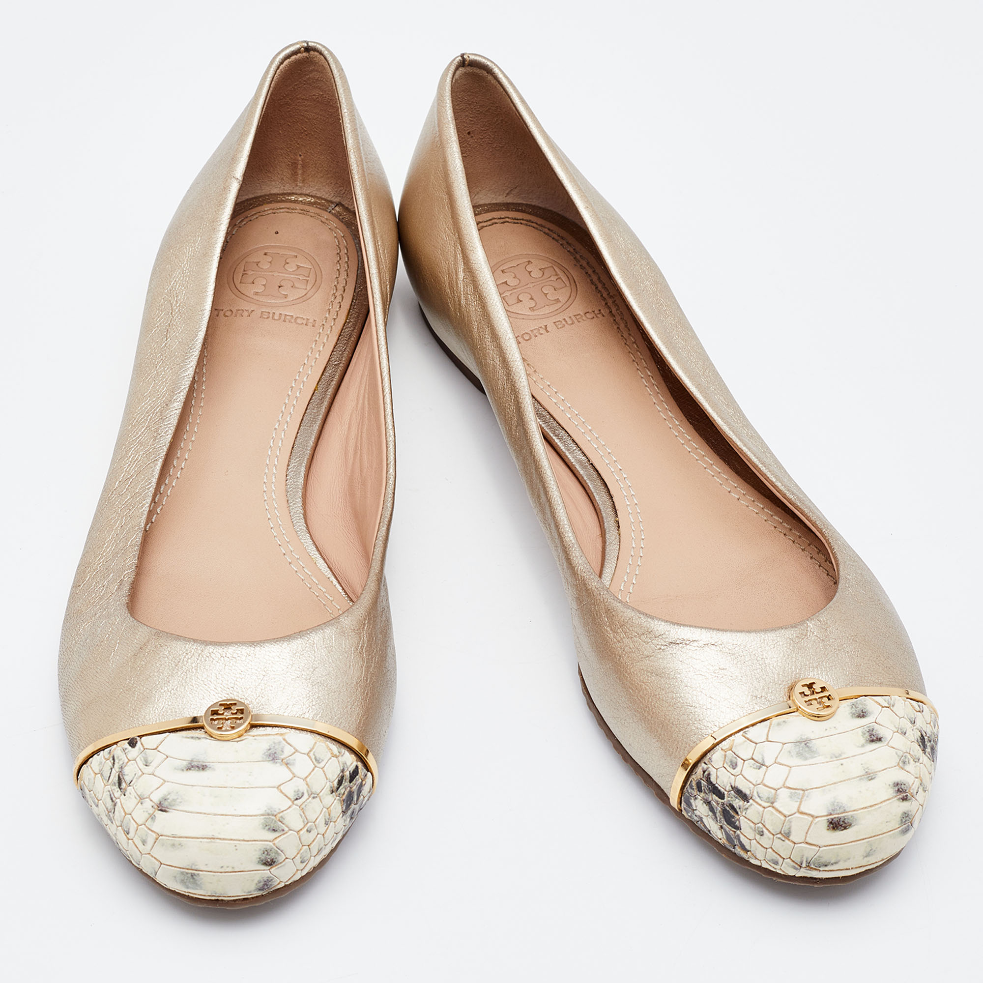 Tory Burch Metallic/Beige Leather And Python Embossed Pacey Ballet Flats Size 37.5