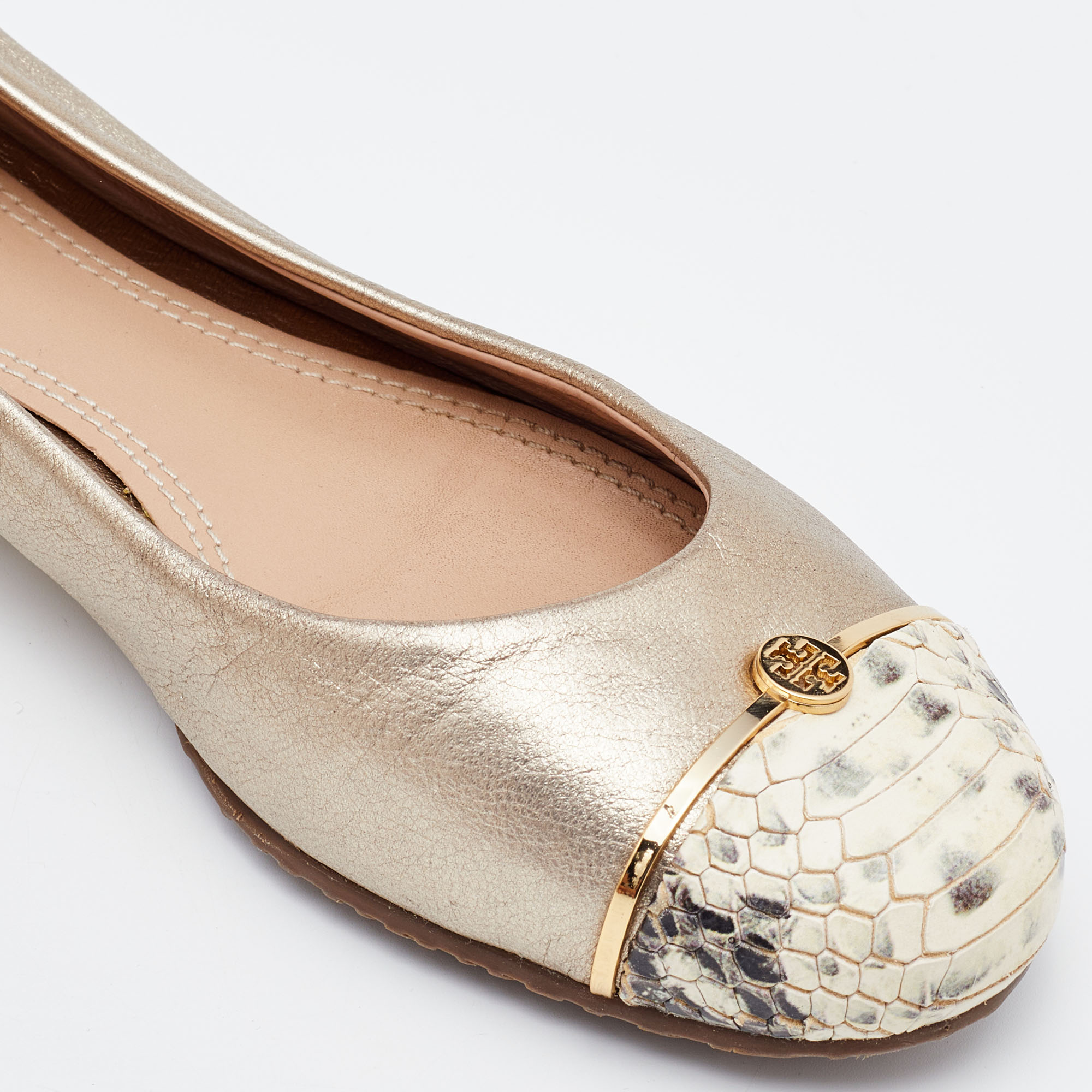 Tory Burch Metallic/Beige Leather And Python Embossed Pacey Ballet Flats Size 37.5