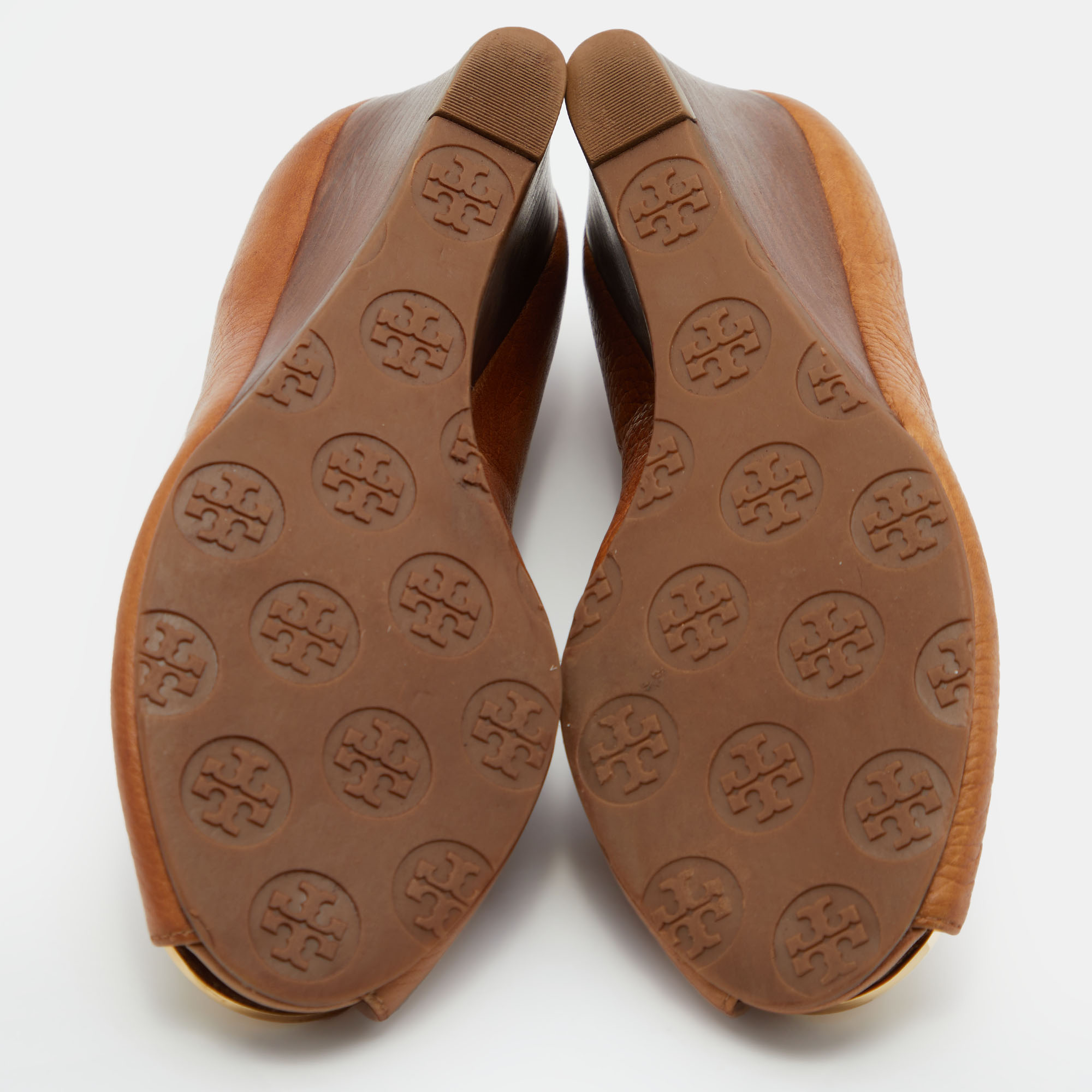 Tory Burch Tan Leather Selma Wedge Logo Peep Toe Pumps Size 41