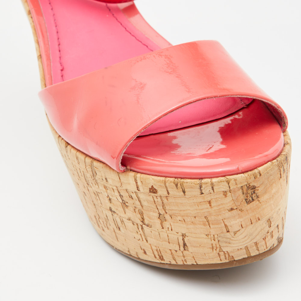 Tory Burch Pink Patent  Leather Dahlia Cork Platform Wedge Sandals Size 38.5