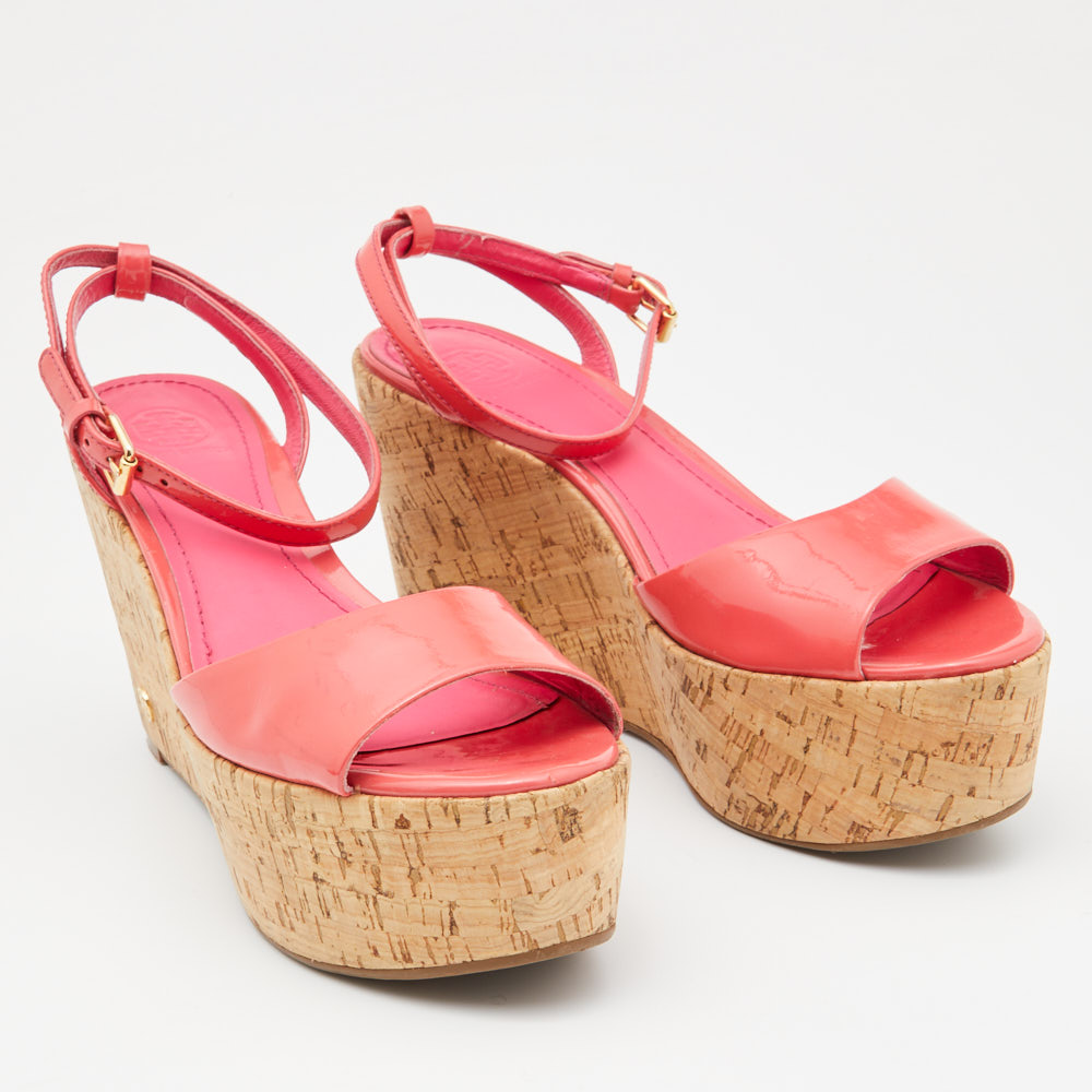 Tory Burch Pink Patent  Leather Dahlia Cork Platform Wedge Sandals Size 38.5