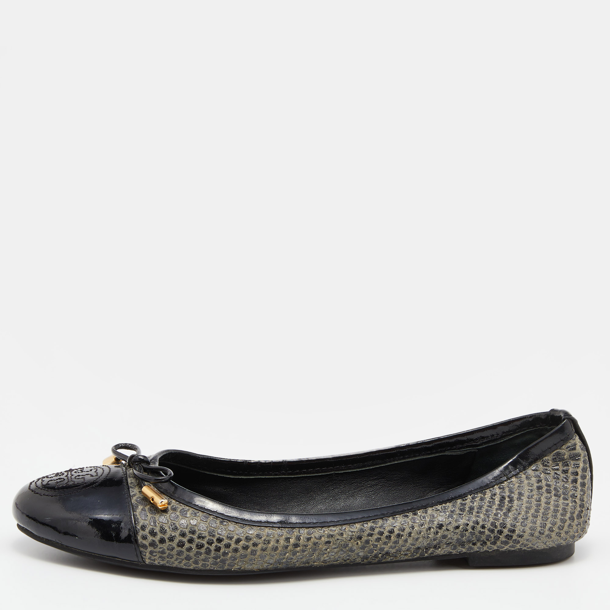 Tory Burch Grey/Black Python Embossed Leather And Patent Leather Ballet Flats Size 38.5