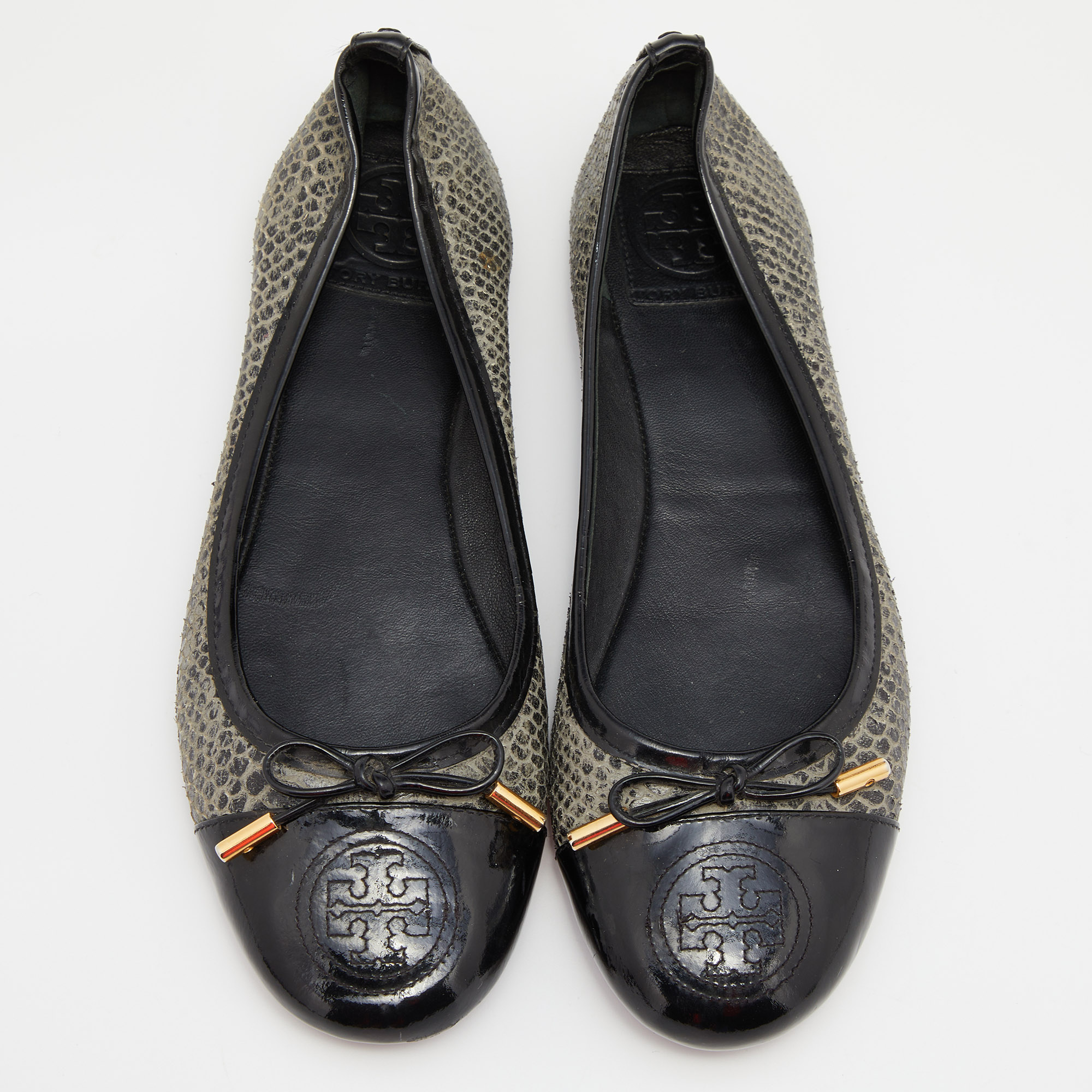 Tory Burch Grey/Black Python Embossed Leather And Patent Leather Ballet Flats Size 38.5