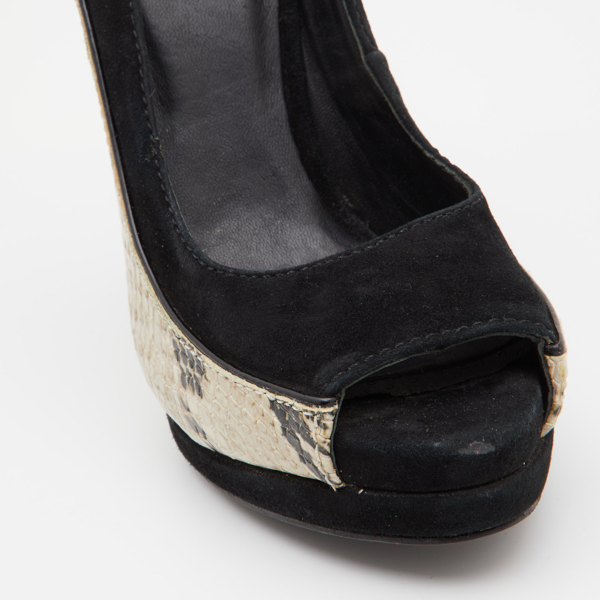 Tory Burch Black/Grey Suede And Python Embossed Leather Sandra Wedge Peep Toe Pumps Size 36.5