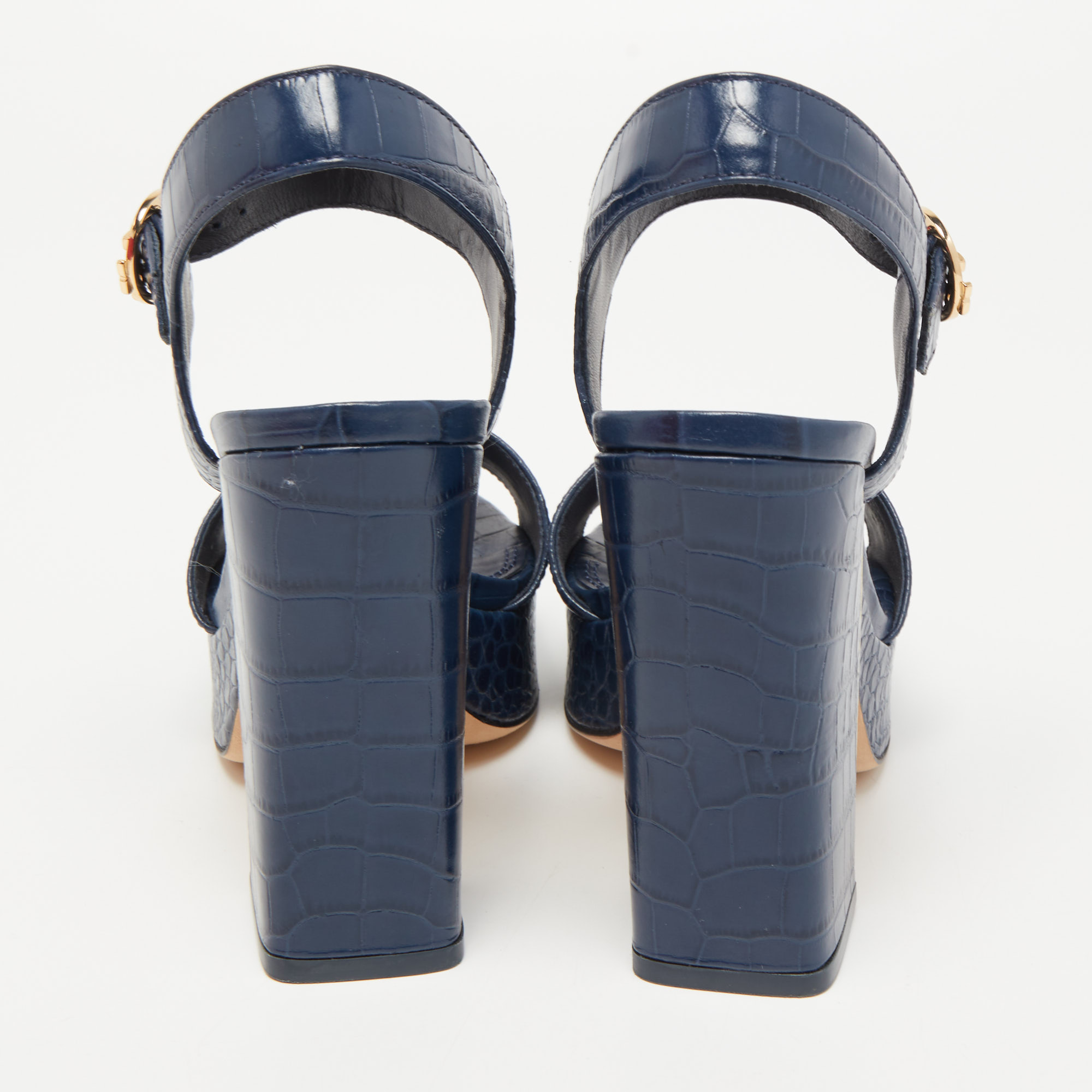 Tory Burch Blue Croc Embossed Leather Martine Platform Ankle Strap Sandals Size 35.5