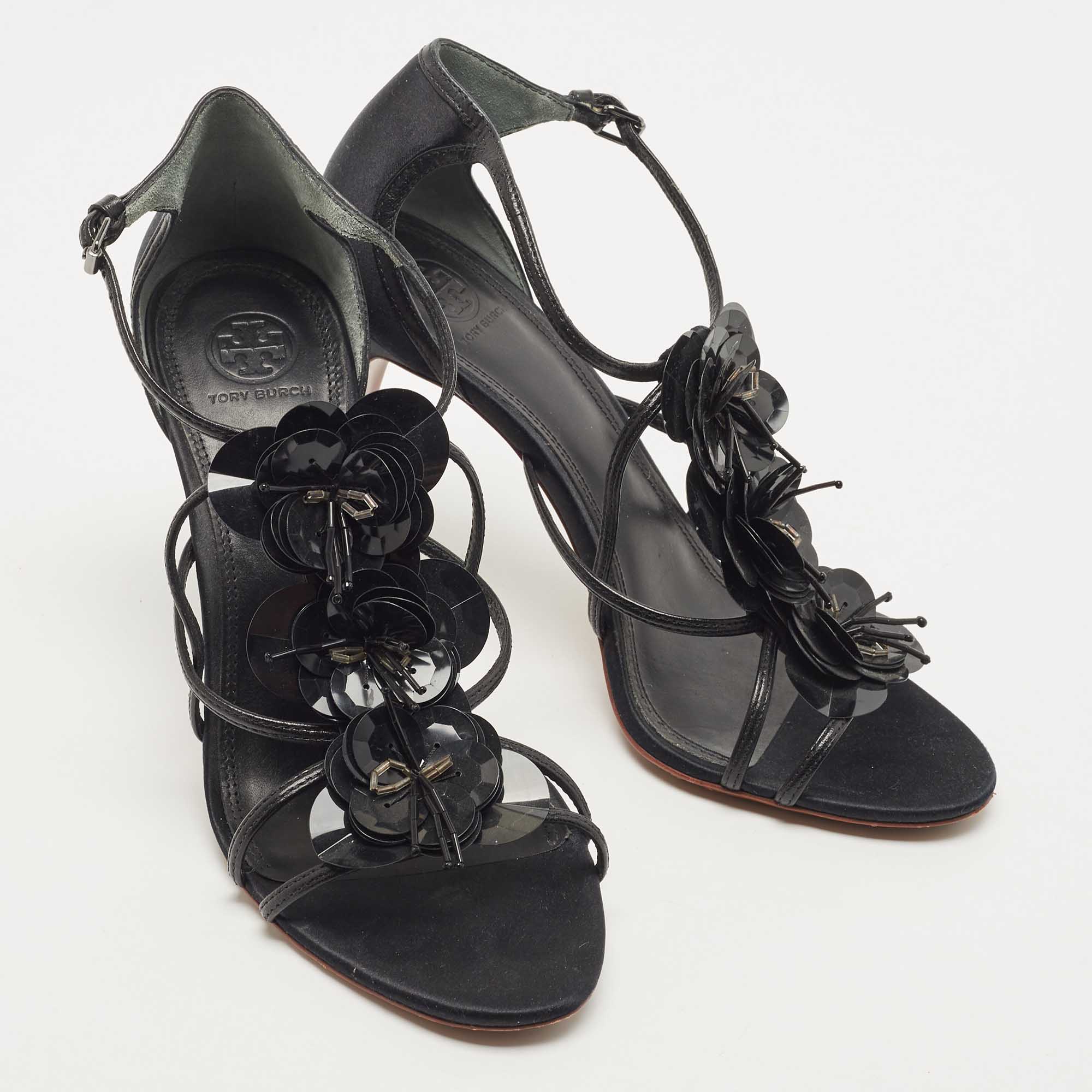 Tory Burch Black Leather Blossom Floral Embellished Sandals Size 38