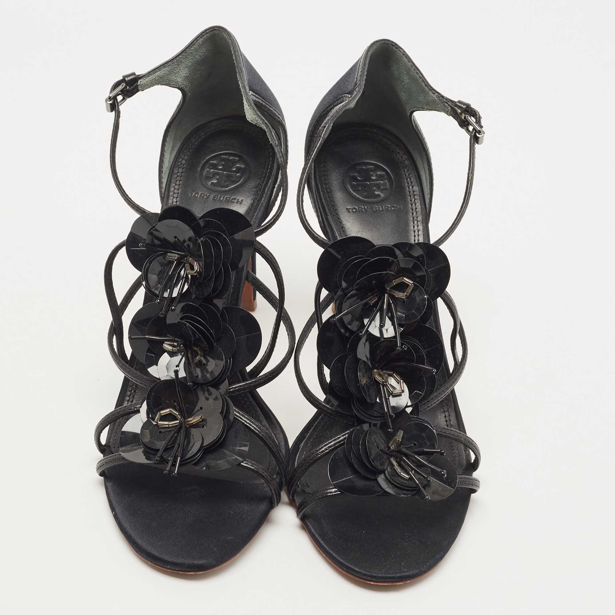 Tory Burch Black Leather Blossom Floral Embellished Sandals Size 38