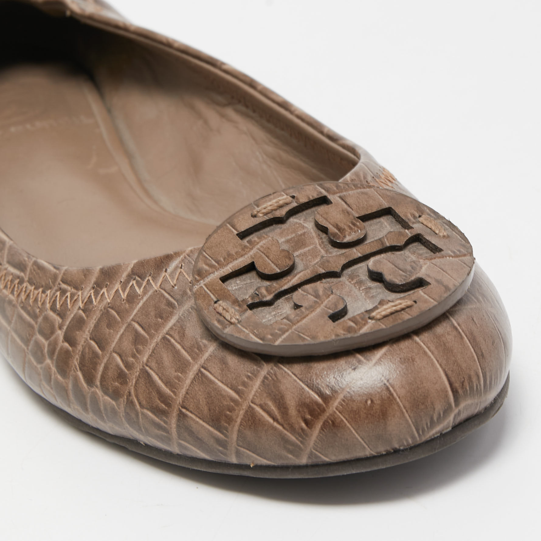 Tory Burch Brown Croc Embossed Leather Reva Ballet Flats Size 37