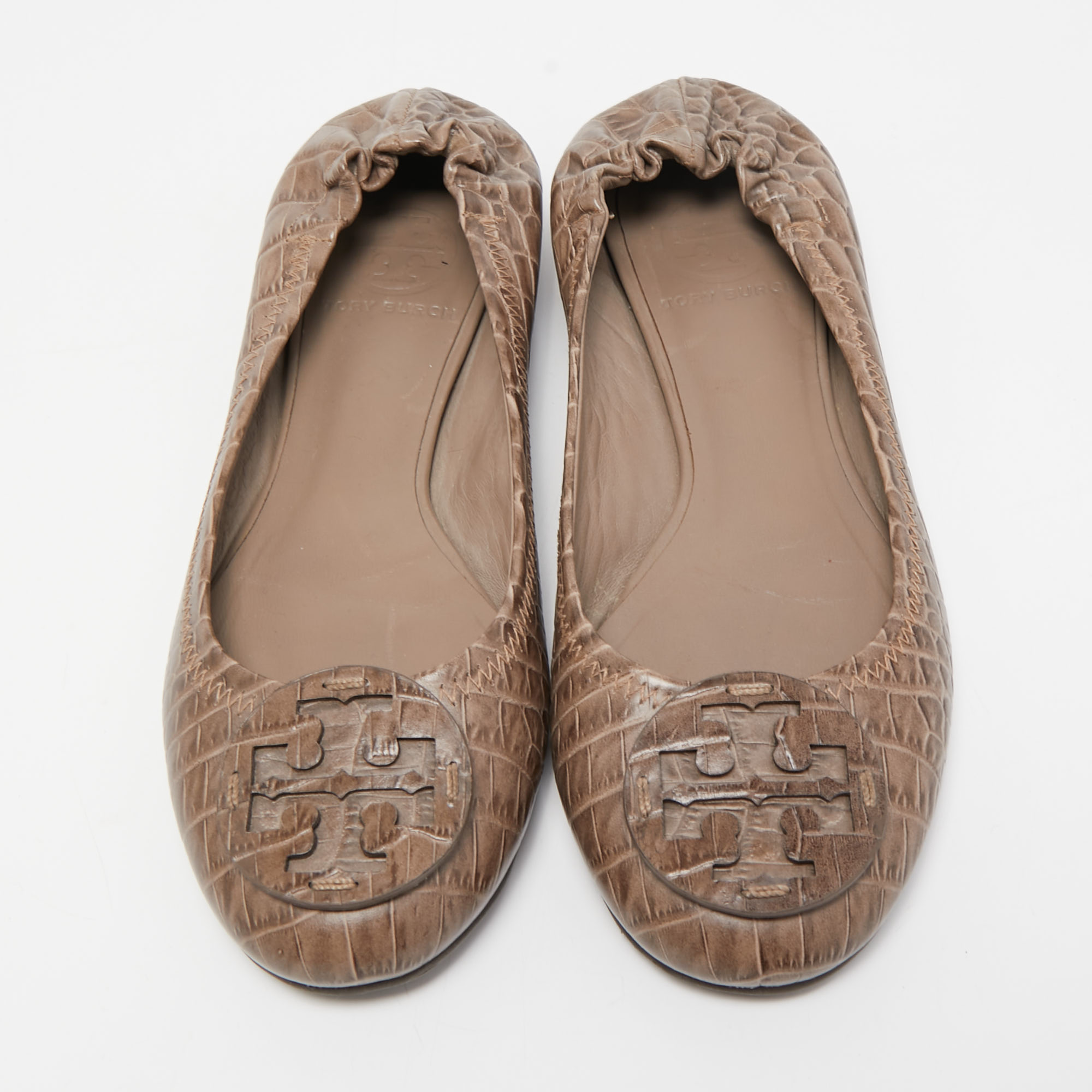 Tory Burch Brown Croc Embossed Leather Reva Ballet Flats Size 37