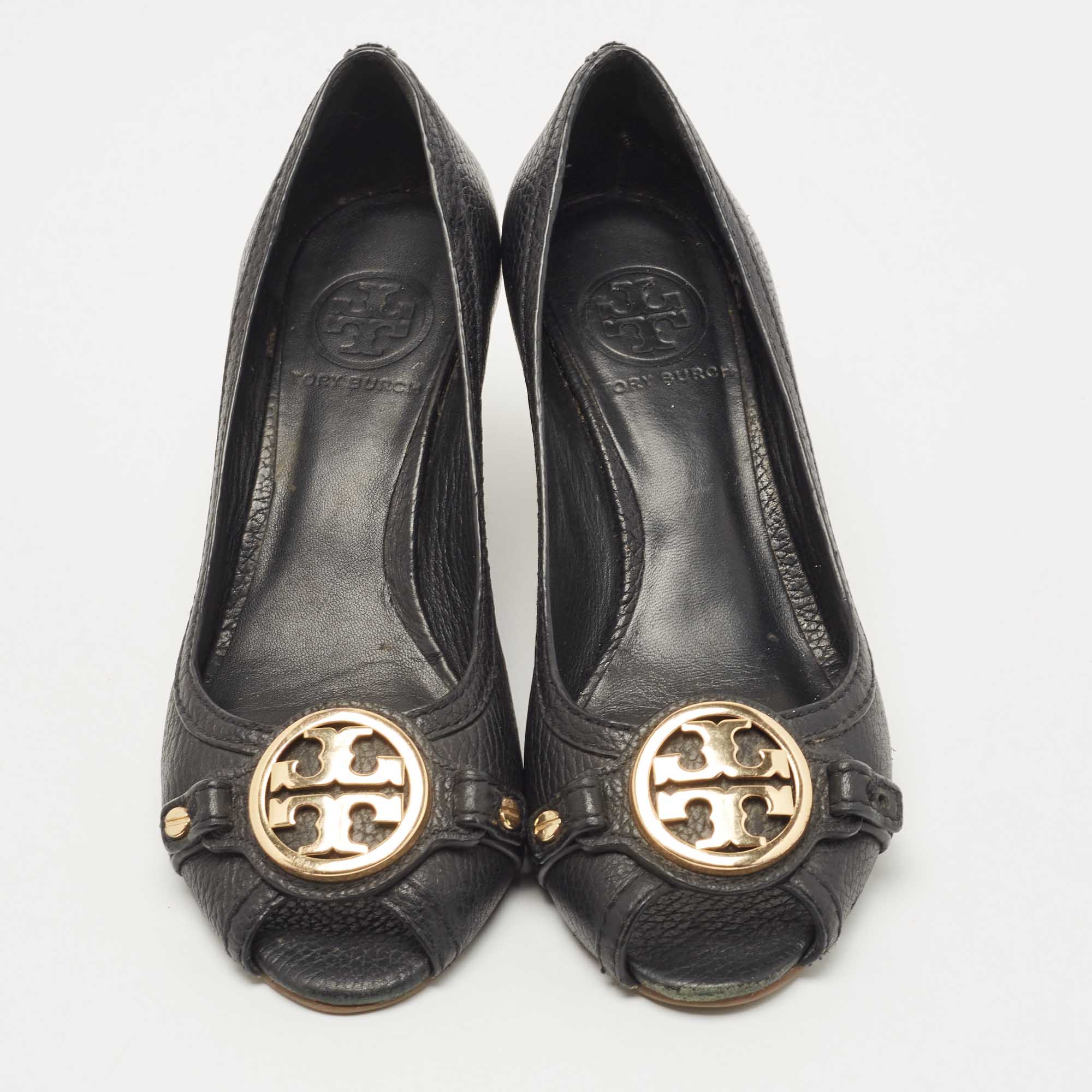 Tory Burch Black Leather Sally Wedge Pumps Size 39.5