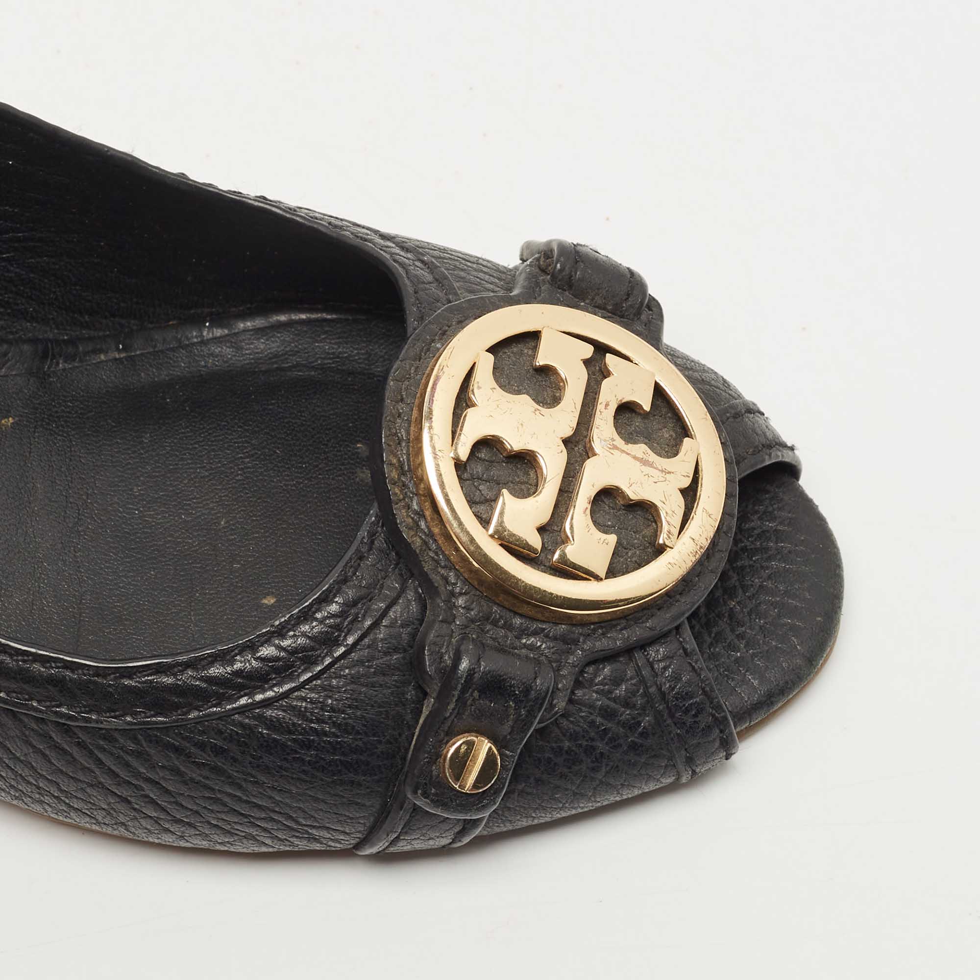 Tory Burch Black Leather Sally Wedge Pumps Size 39.5