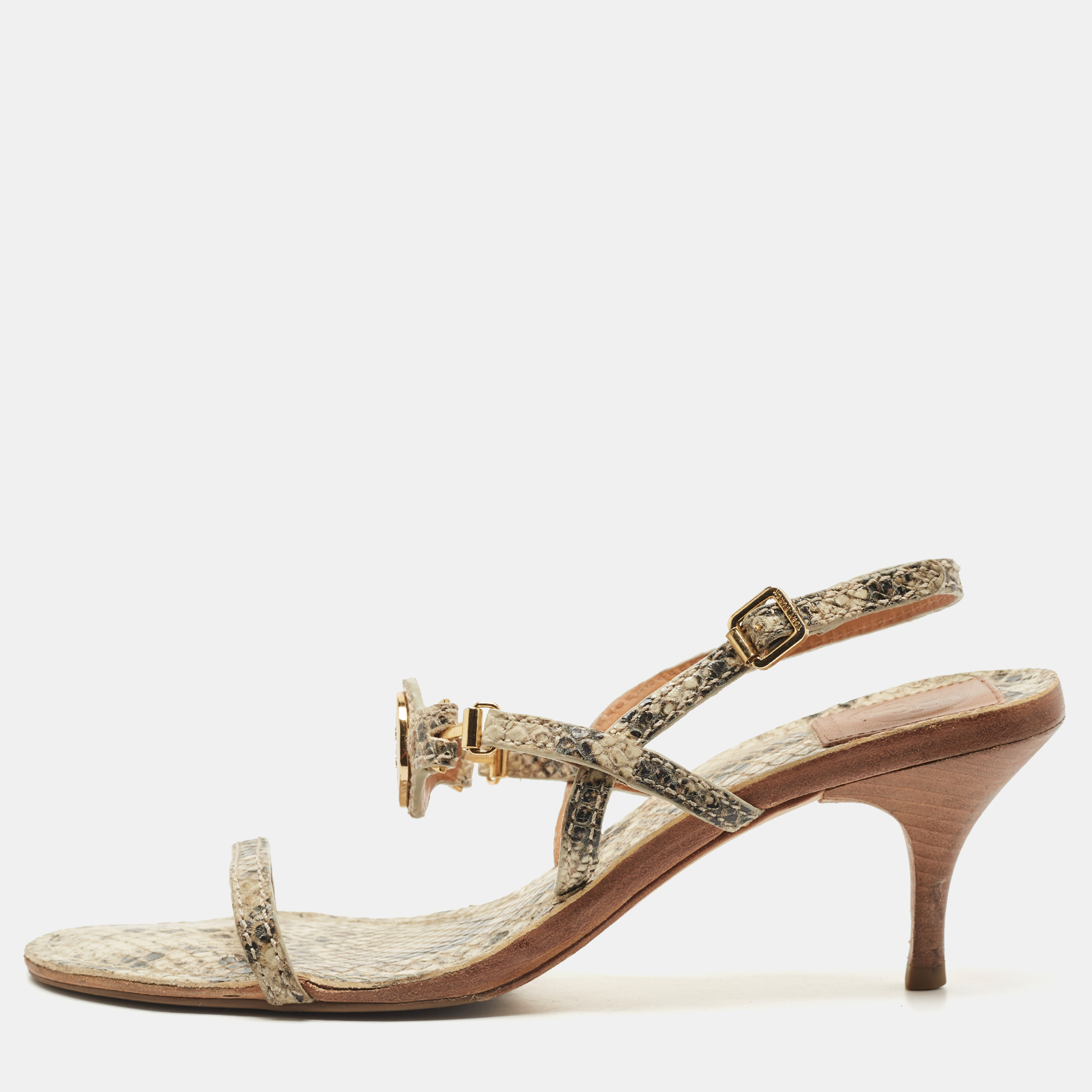 Tory Burch Beige/Black Python Embossed Ankle Strap Sandals Size 39.5