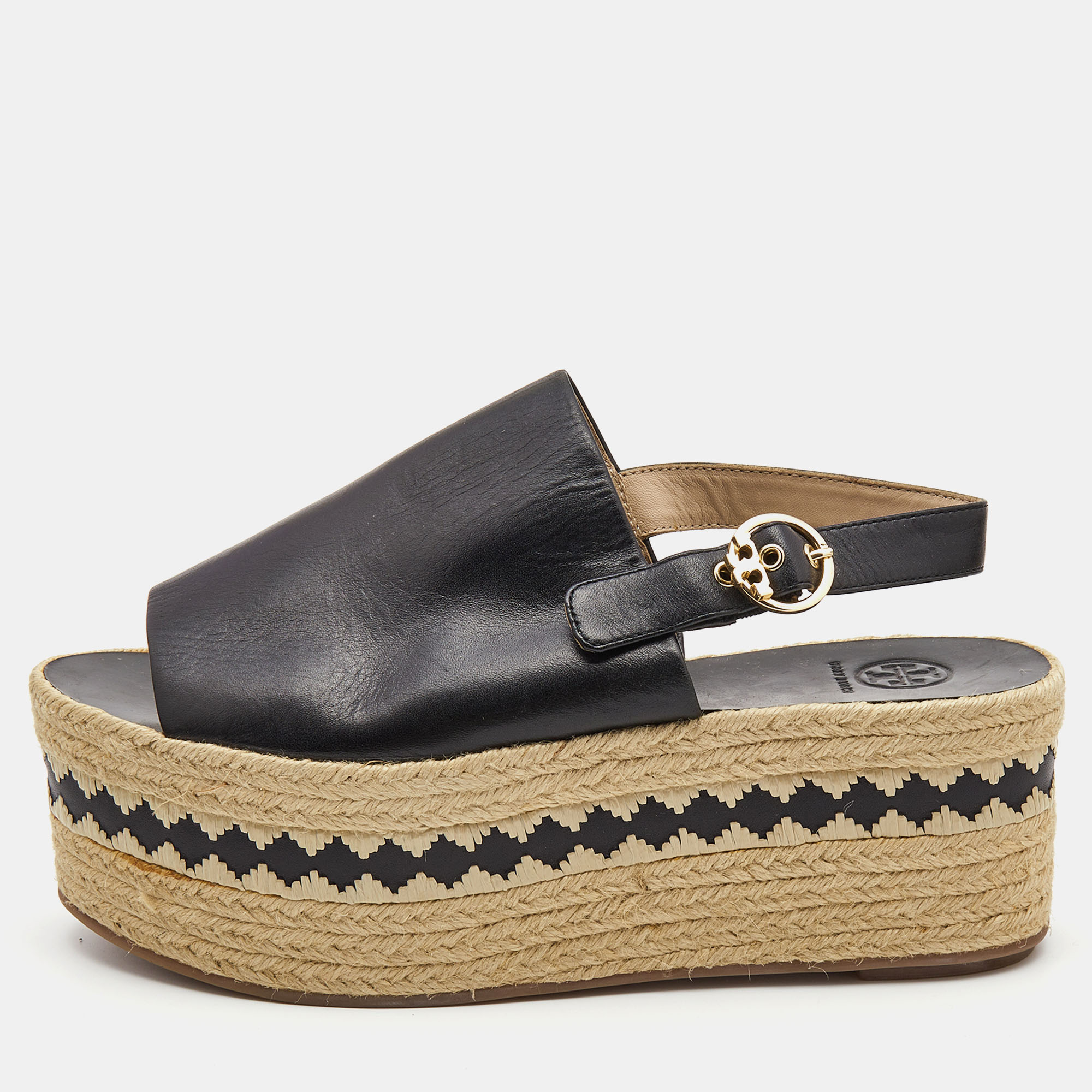 Tory Burch Black Leather Dandy Wedge Espadrille Sandals Size 40