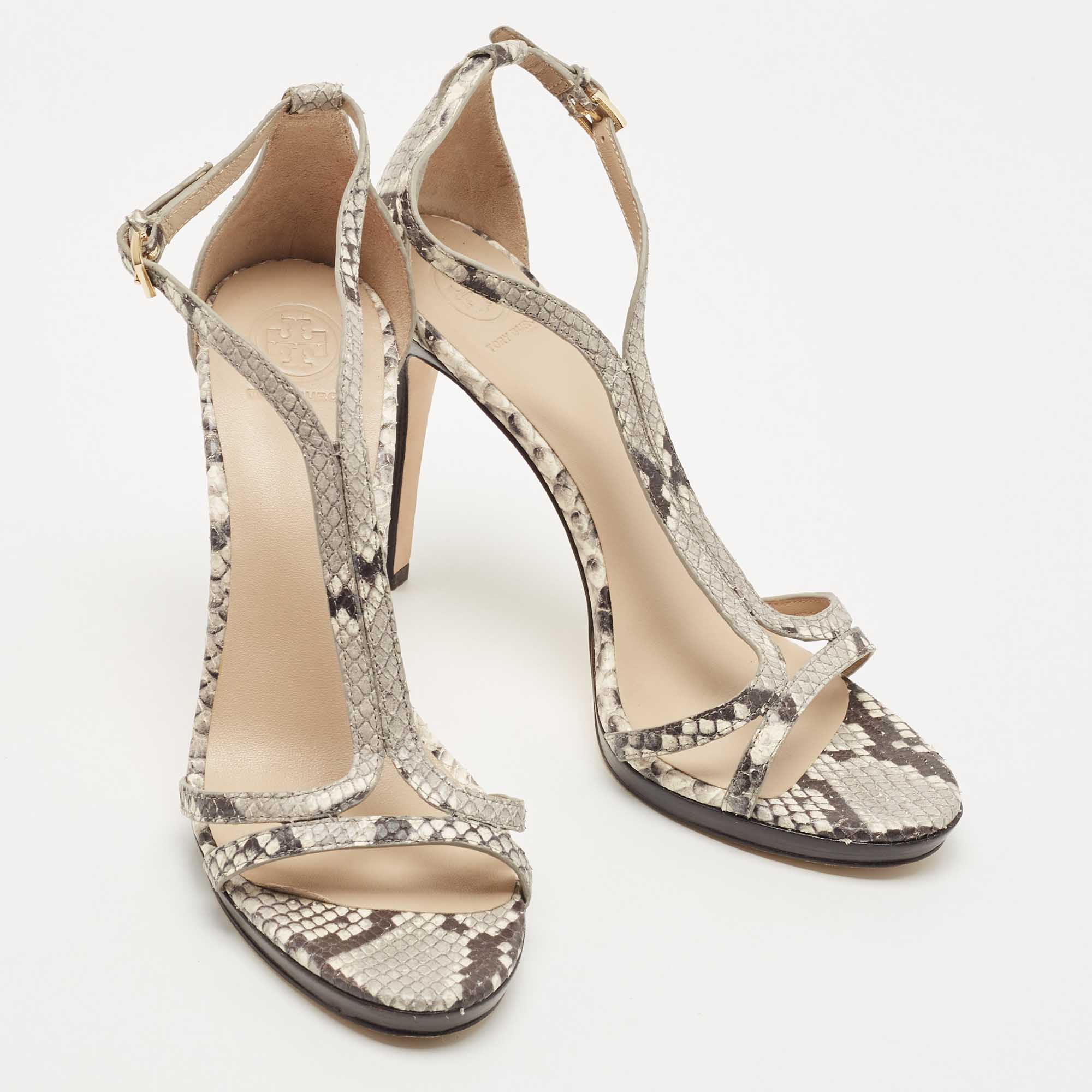 Tory Burch Grey/Black Python Embossed Leather Shelley Sandals Size 38.5