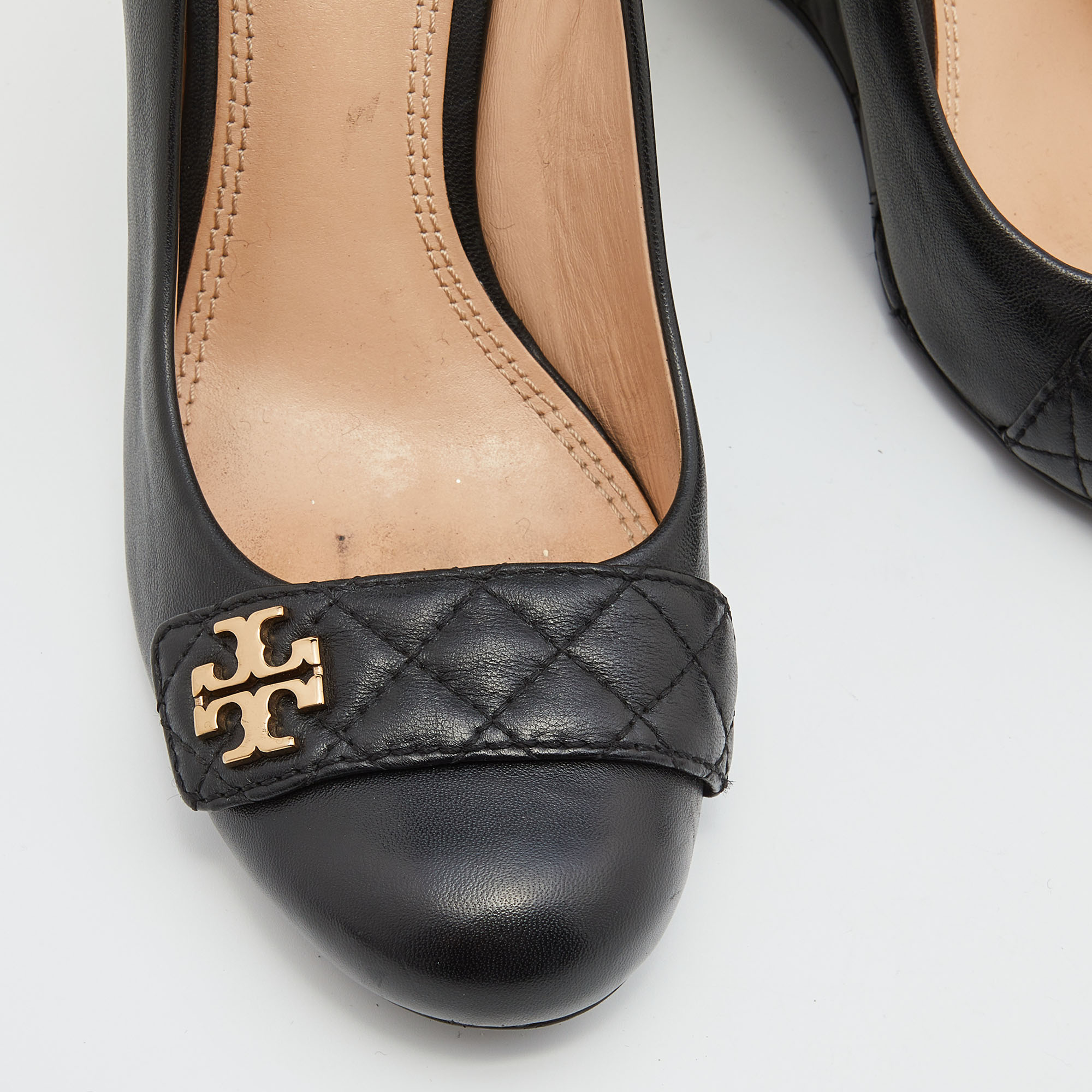 Tory Burch Black Quilted Leather Leila Wedge Pumps Size 40.5