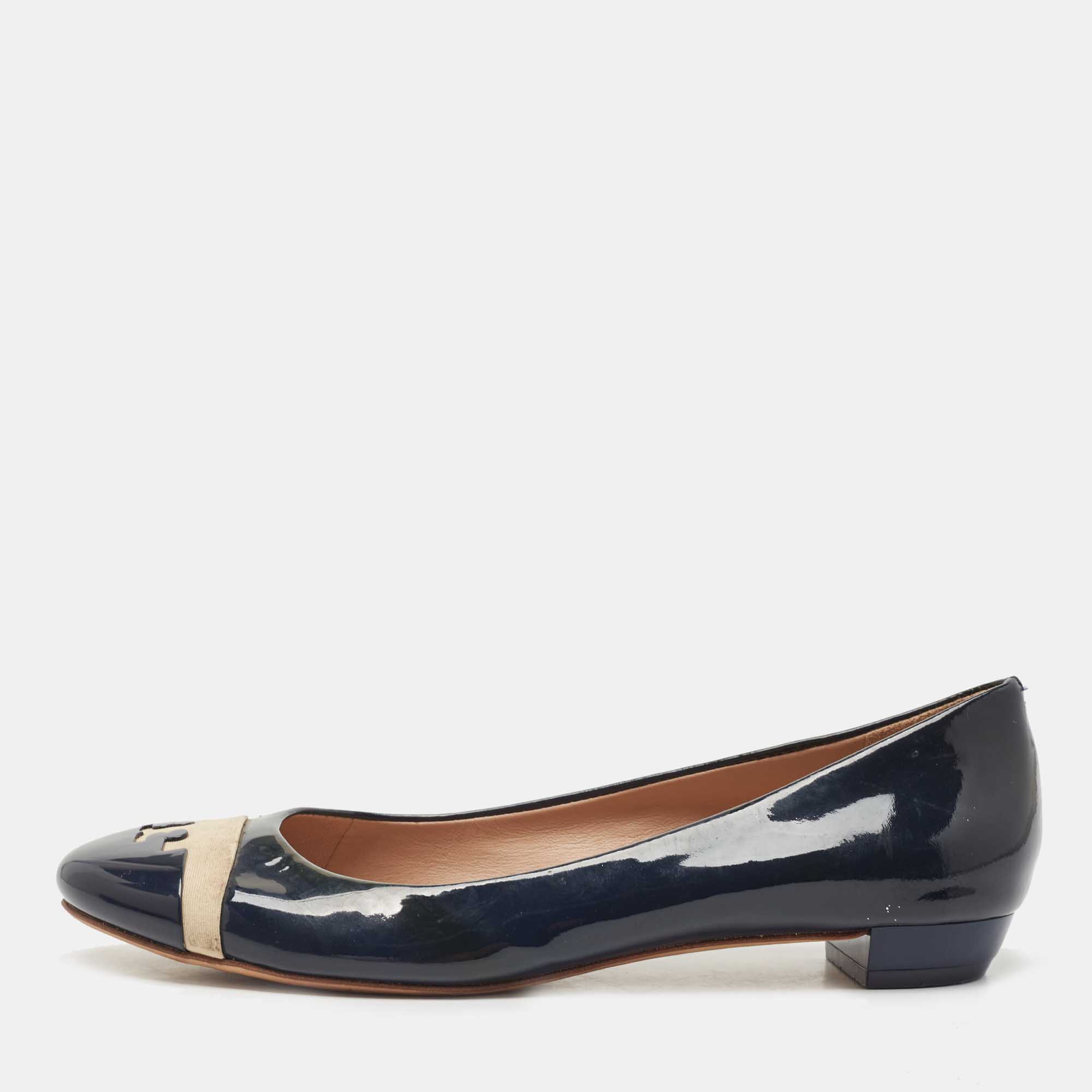Tory Burch Navy Blue Patent Leather Gabrielle Ballet Flats Size 37.5