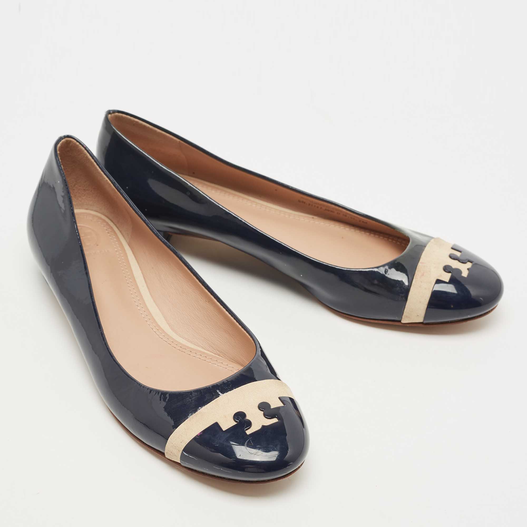 Tory Burch Navy Blue Patent Leather Gabrielle Ballet Flats Size 37.5