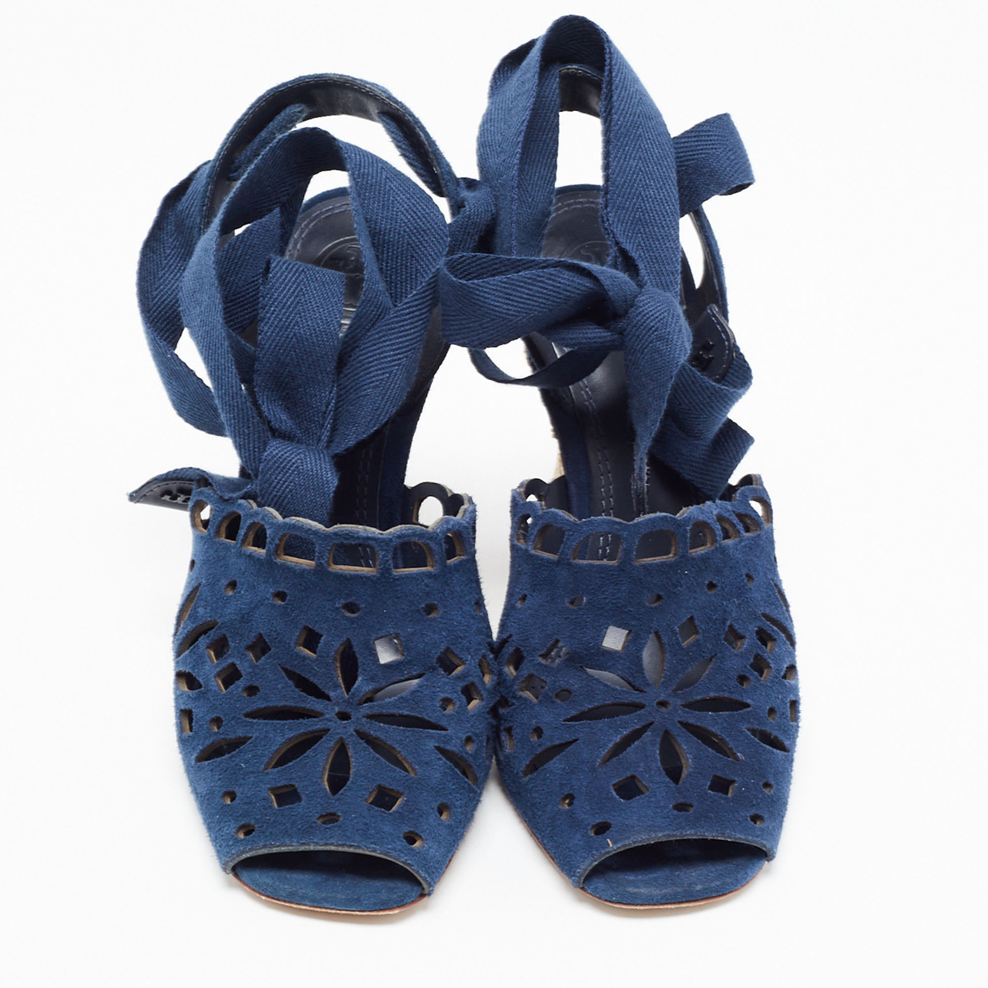 Tory Burch Navy Blue Laser Cut Suede Ankle Tie Wedge Sandals Size 36.5