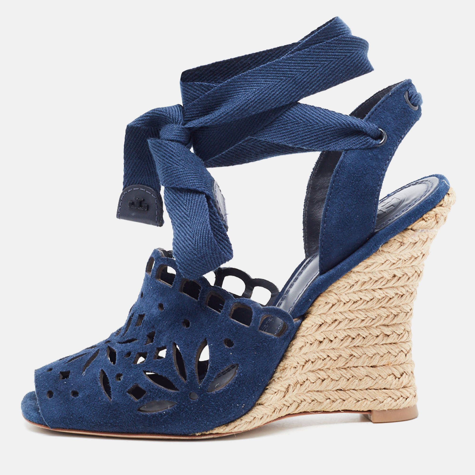 Tory Burch Navy Blue Laser Cut Suede Ankle Tie Wedge Sandals Size 36.5
