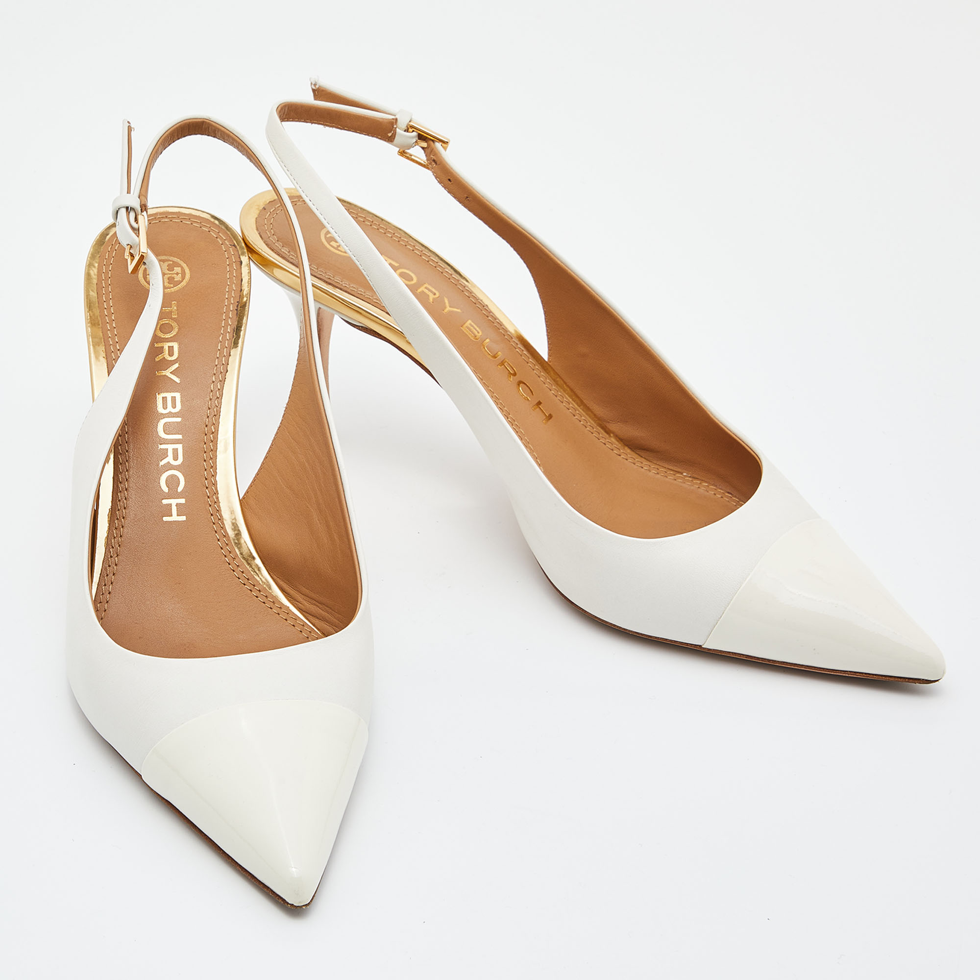 Tory Burch White Patent And Leather Penelope Slingback Pumps Size 39.5