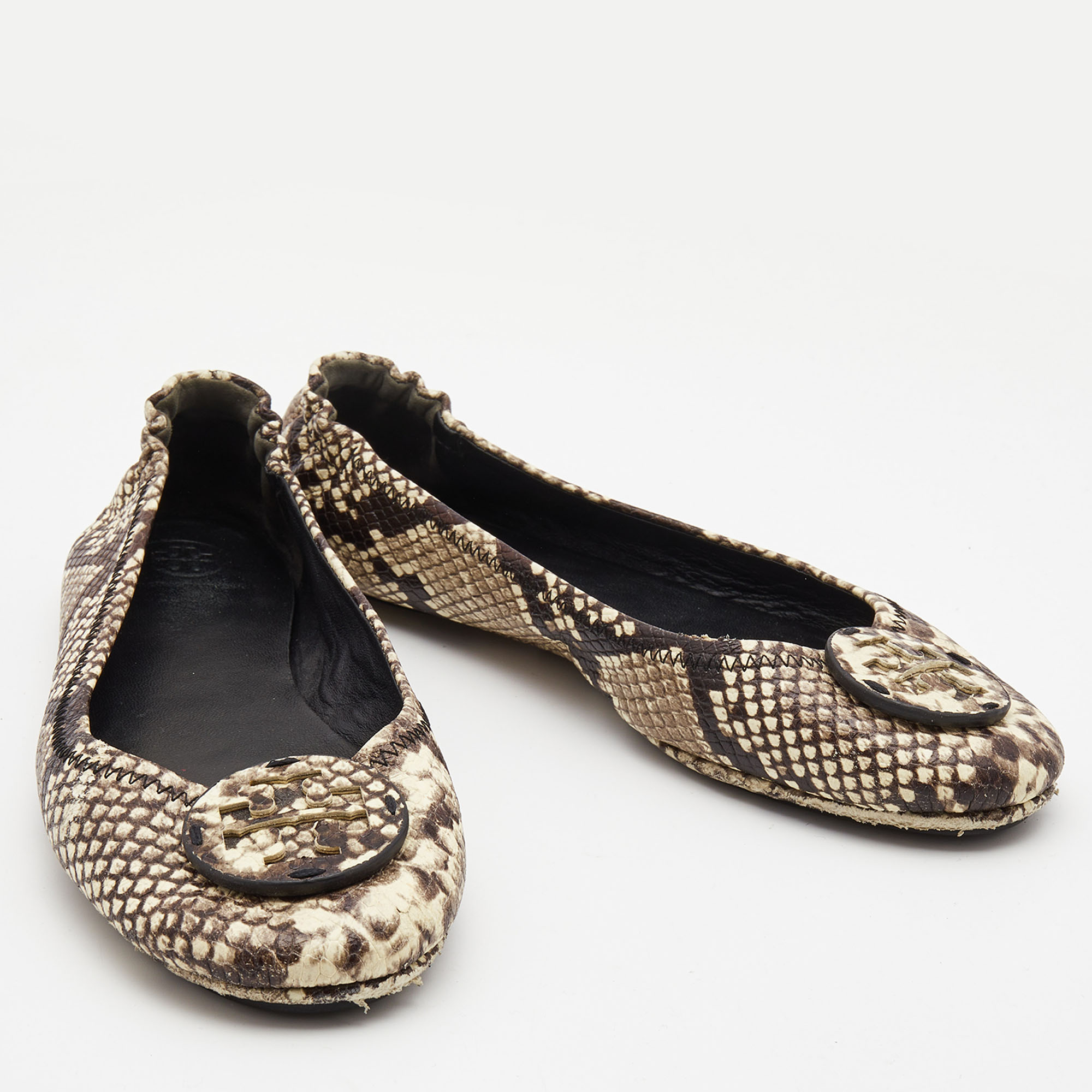 Tory Burch Beige/Brown Python Embossed Leather Ballet Flats Size 39.5