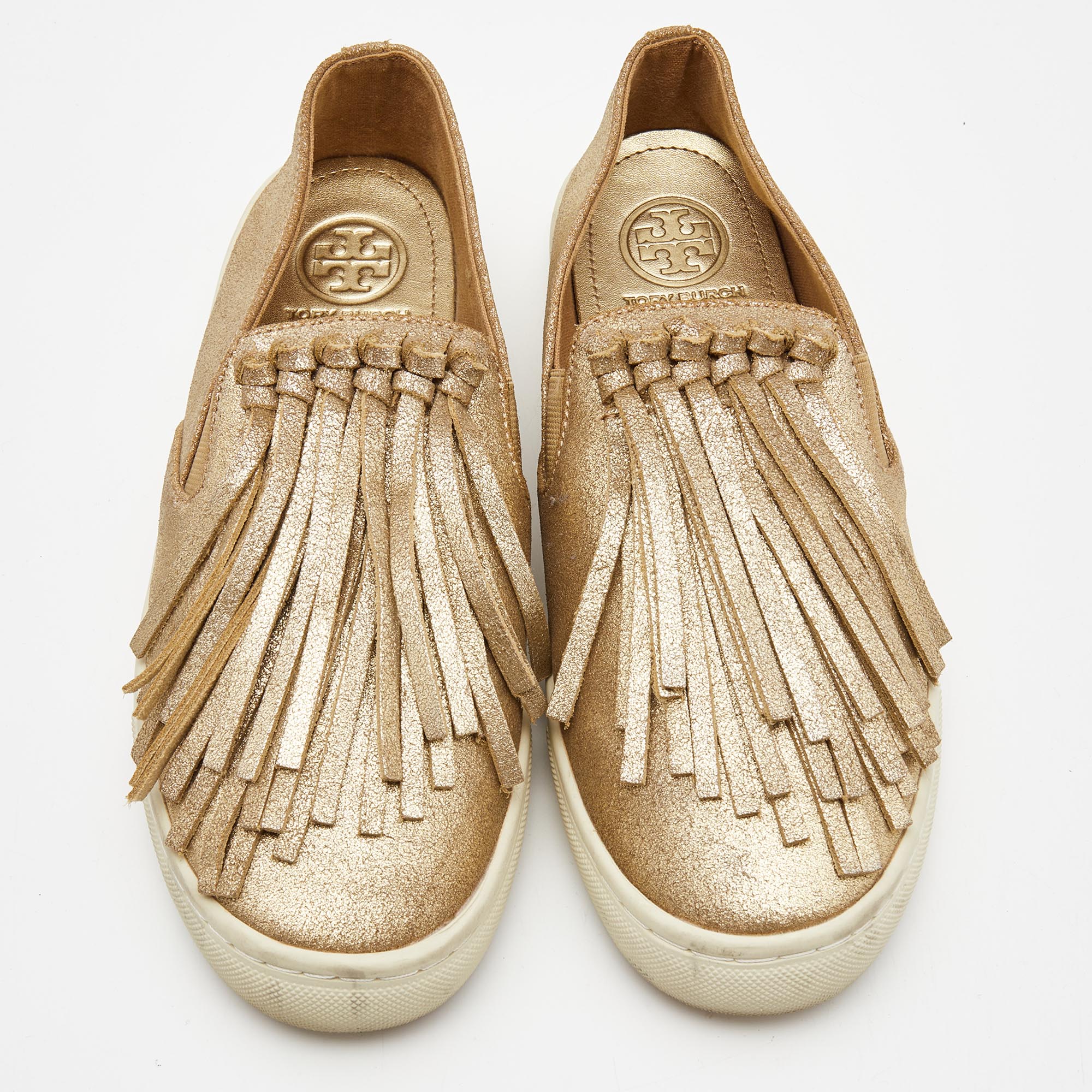 Tory Burch Metallic Gold Leather Fringe Slip On Sneakers Size 38.5
