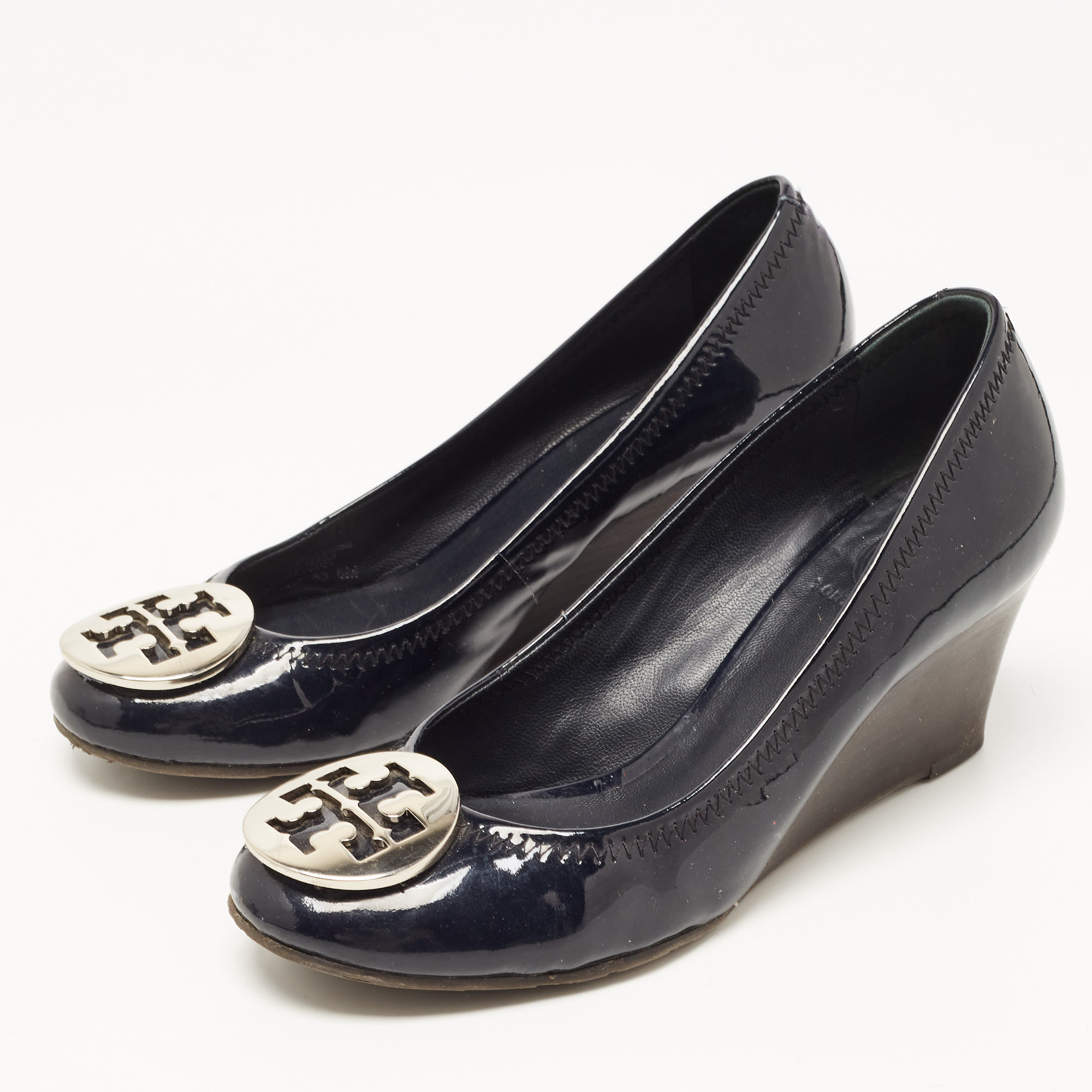 Tory Burch Navy Blue Patent Leather Wedge Pumps Size 36.5