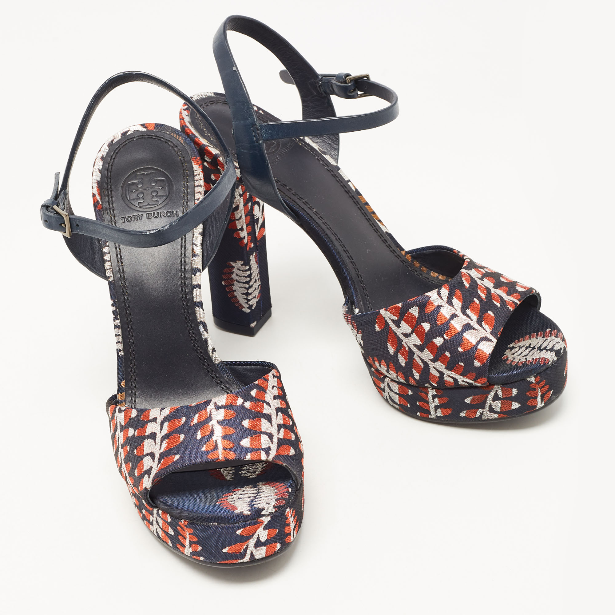 Tory Burch Navy Blue/Red Brocade Fabric Ankle Strap Sandals Size 38.5