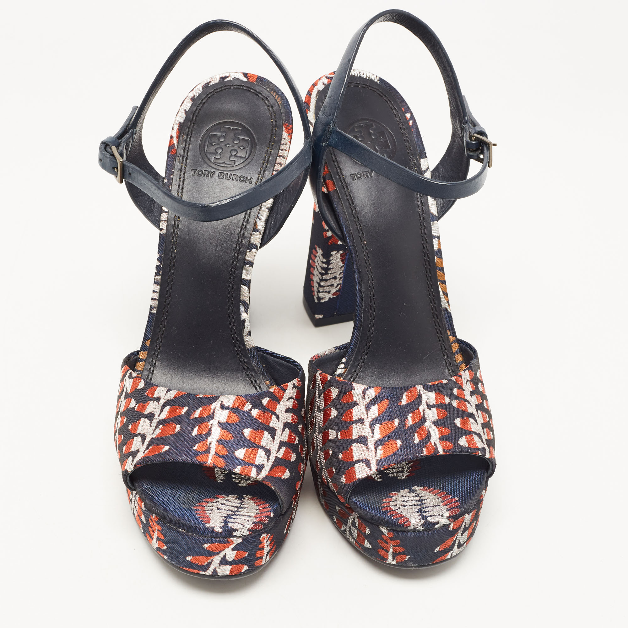 Tory Burch Navy Blue/Red Brocade Fabric Ankle Strap Sandals Size 38.5