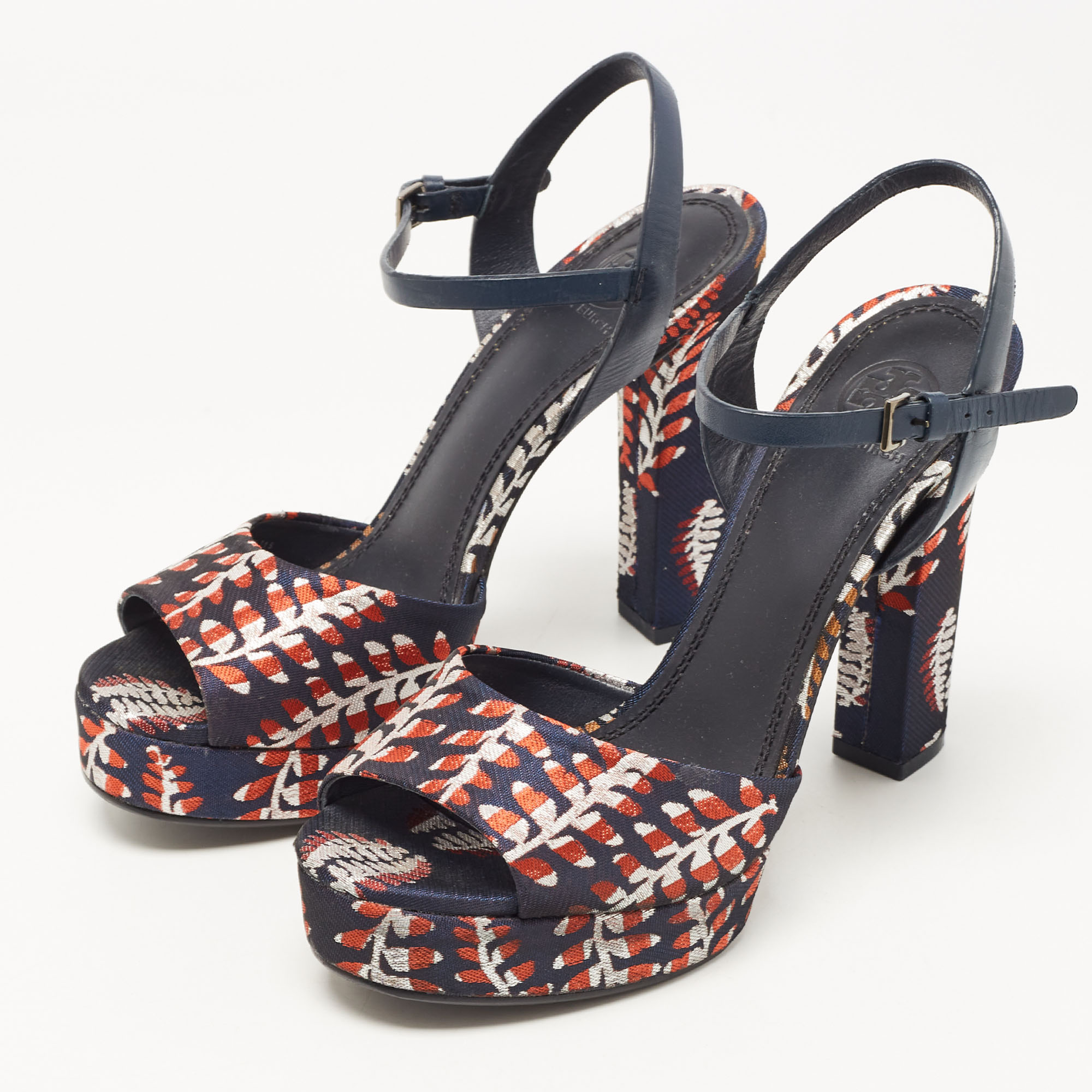 Tory Burch Navy Blue/Red Brocade Fabric Ankle Strap Sandals Size 38.5