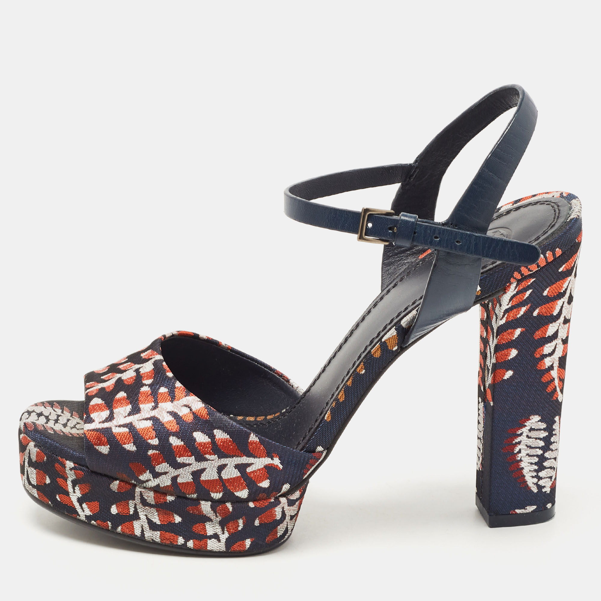 Tory Burch Navy Blue/Red Brocade Fabric Ankle Strap Sandals Size 38.5