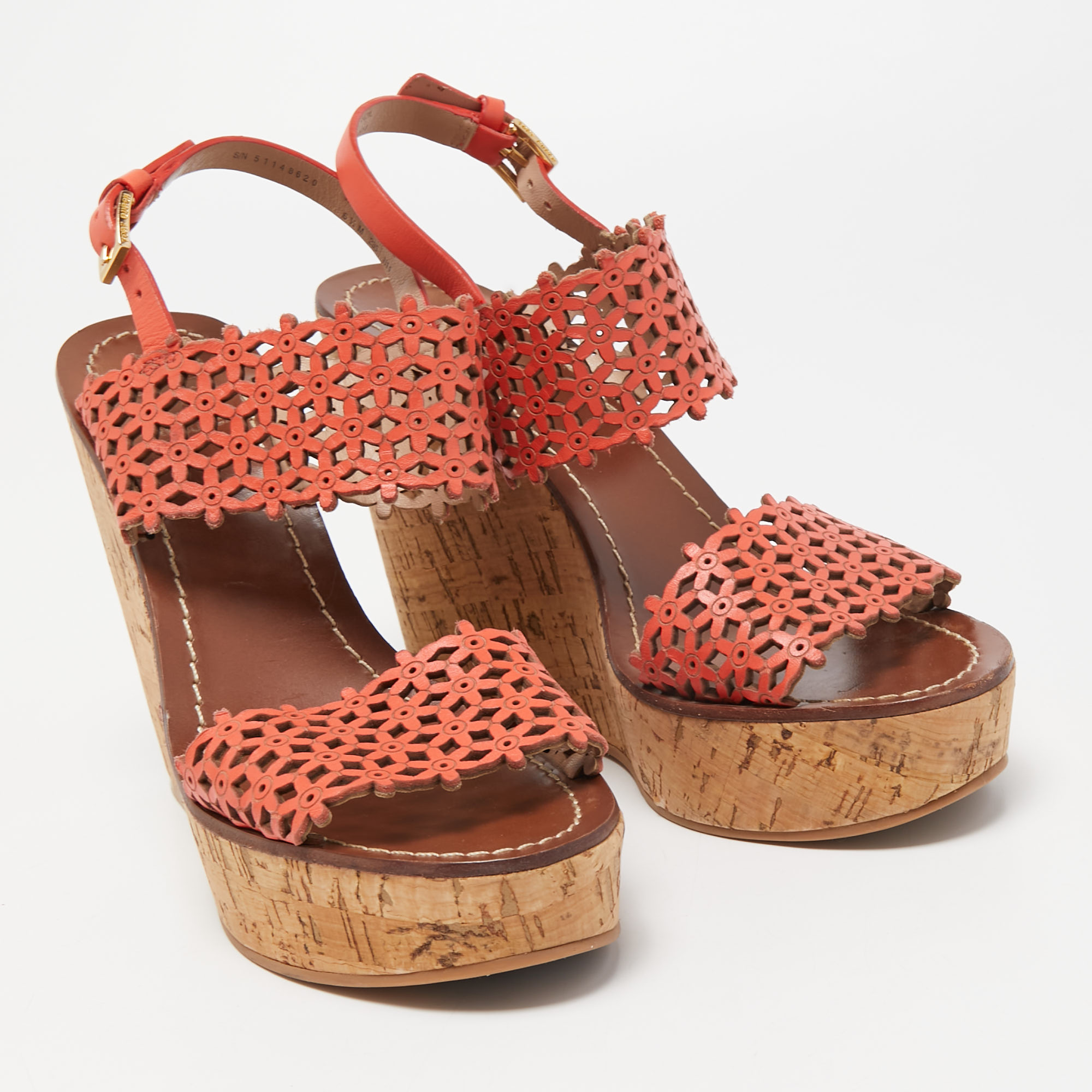 Tory Burch Orange Perforated Leather Daisy Cork Wedge Sandals Size 37