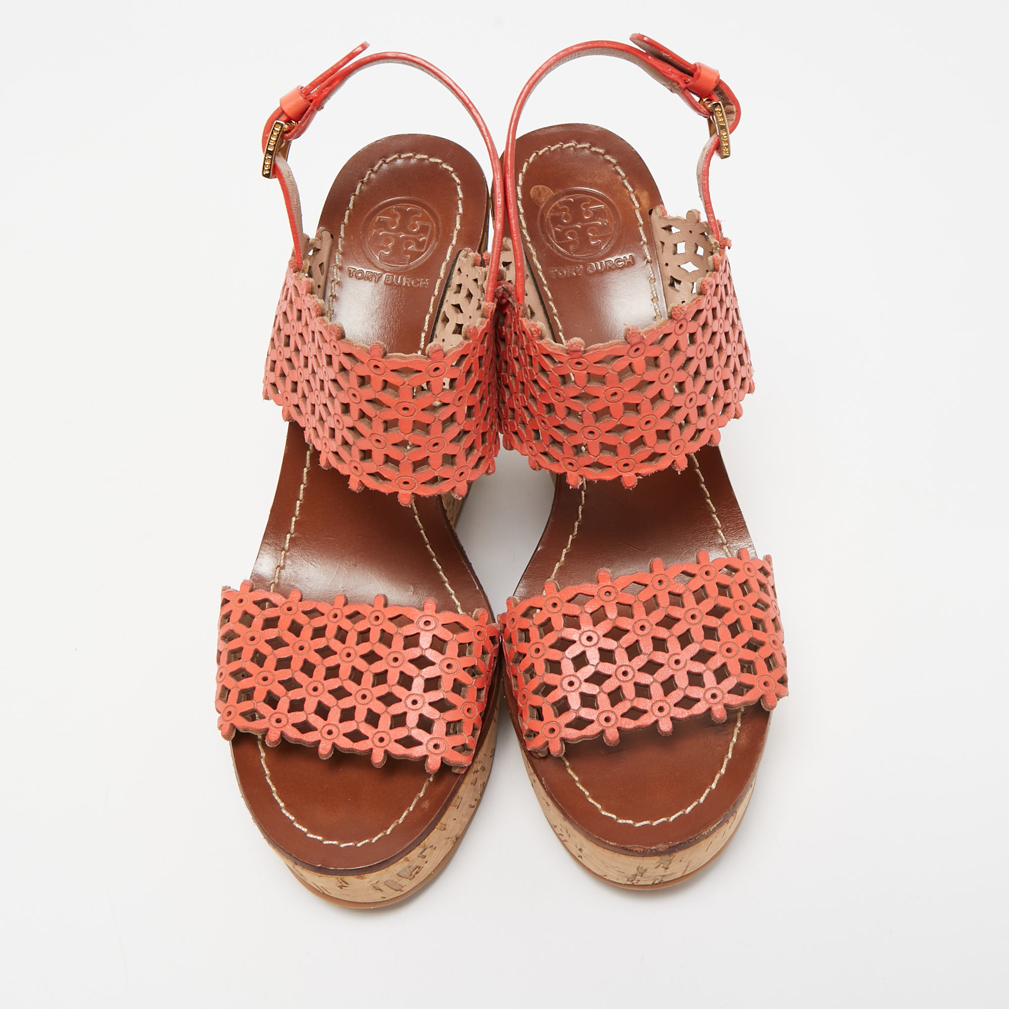 Tory Burch Orange Perforated Leather Daisy Cork Wedge Sandals Size 37