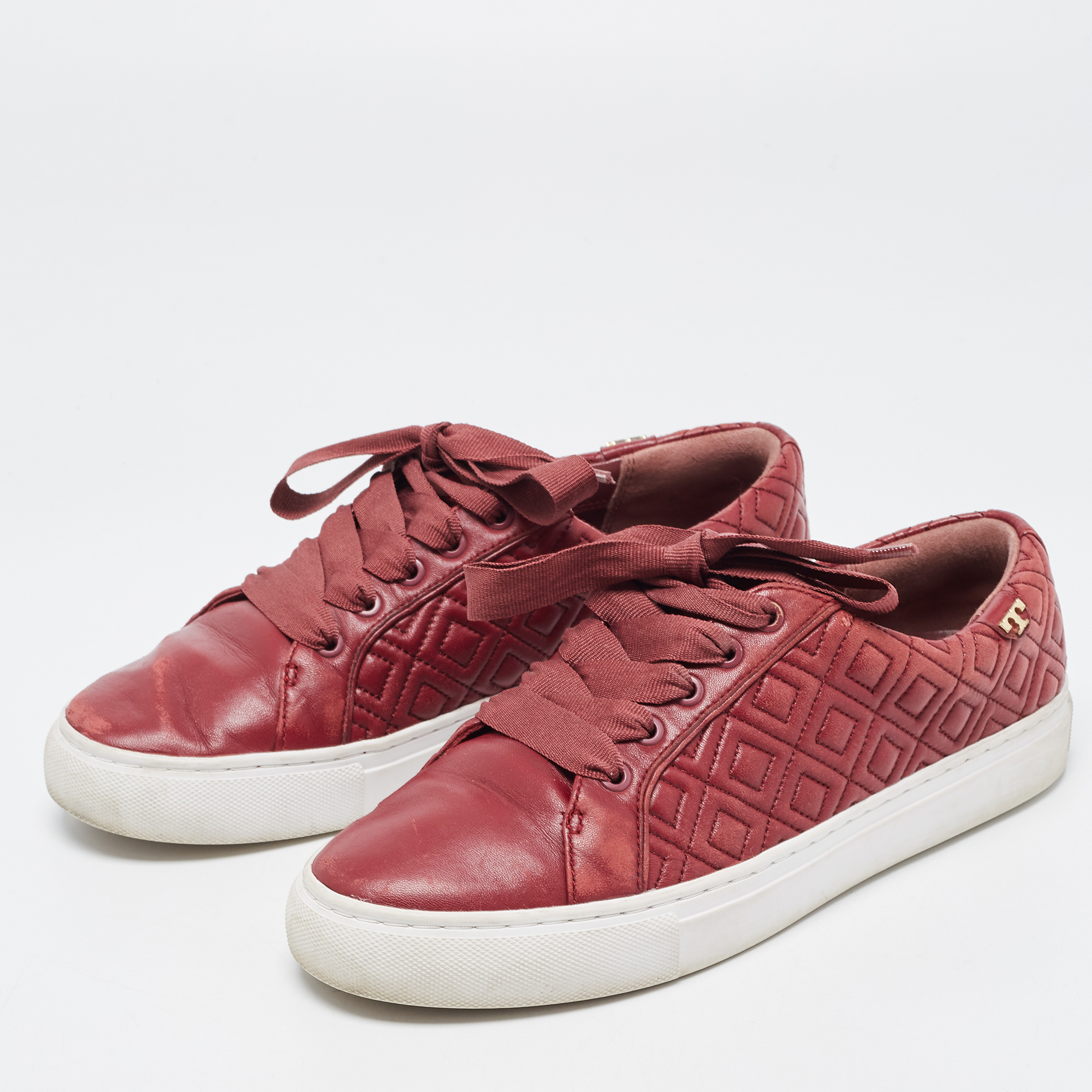 Tory Burch Red Quilted Leather Marion Lace Up Sneakers Size 38