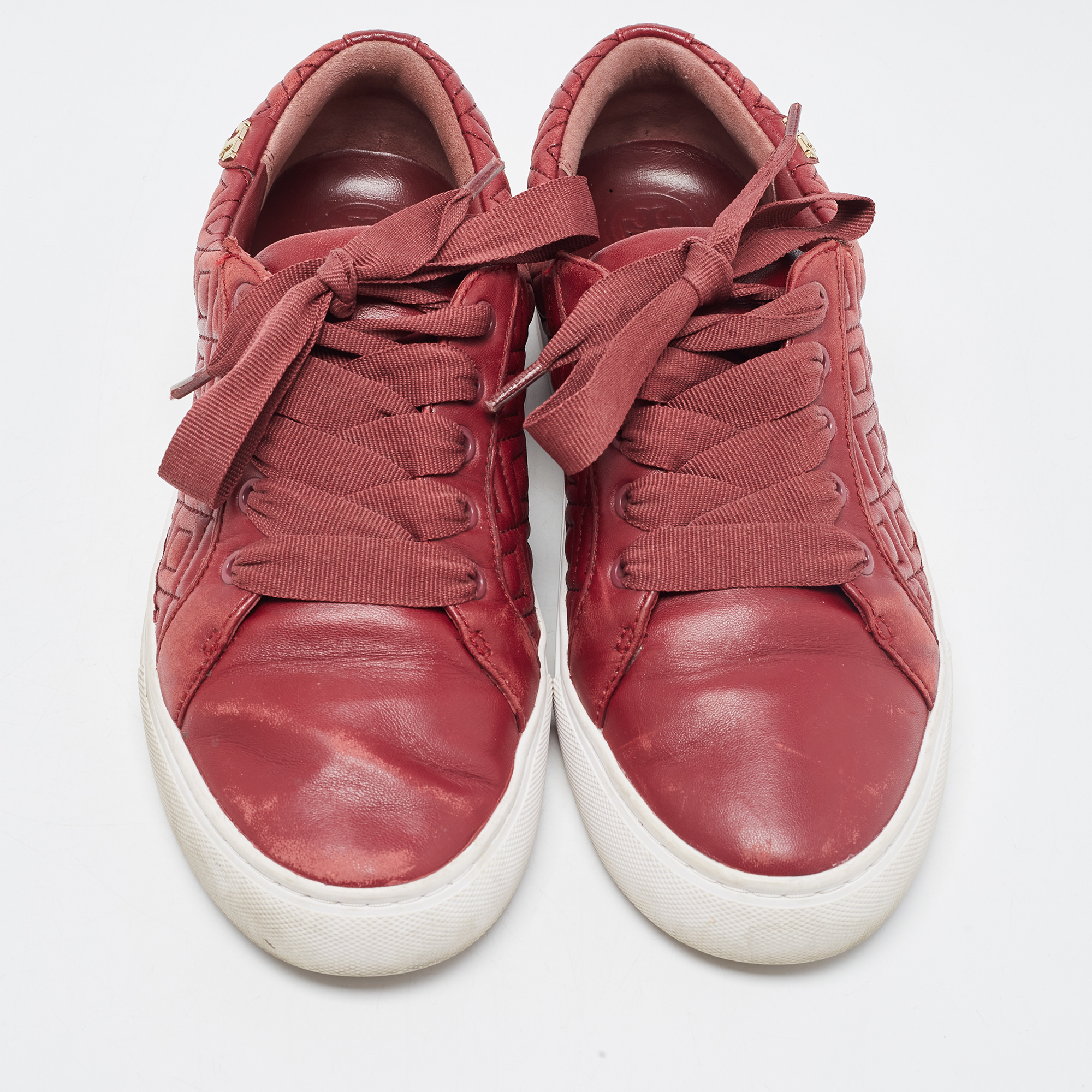 Tory Burch Red Quilted Leather Marion Lace Up Sneakers Size 38