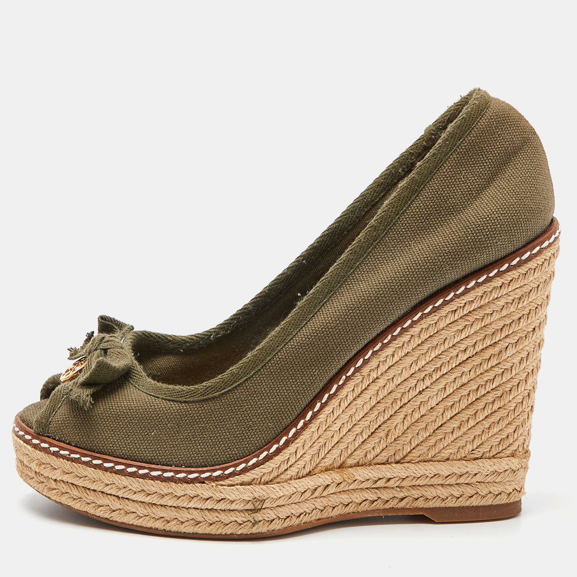 Tory Burch Green Canvas Jackie Espadrille Wedge Pumps Size 36