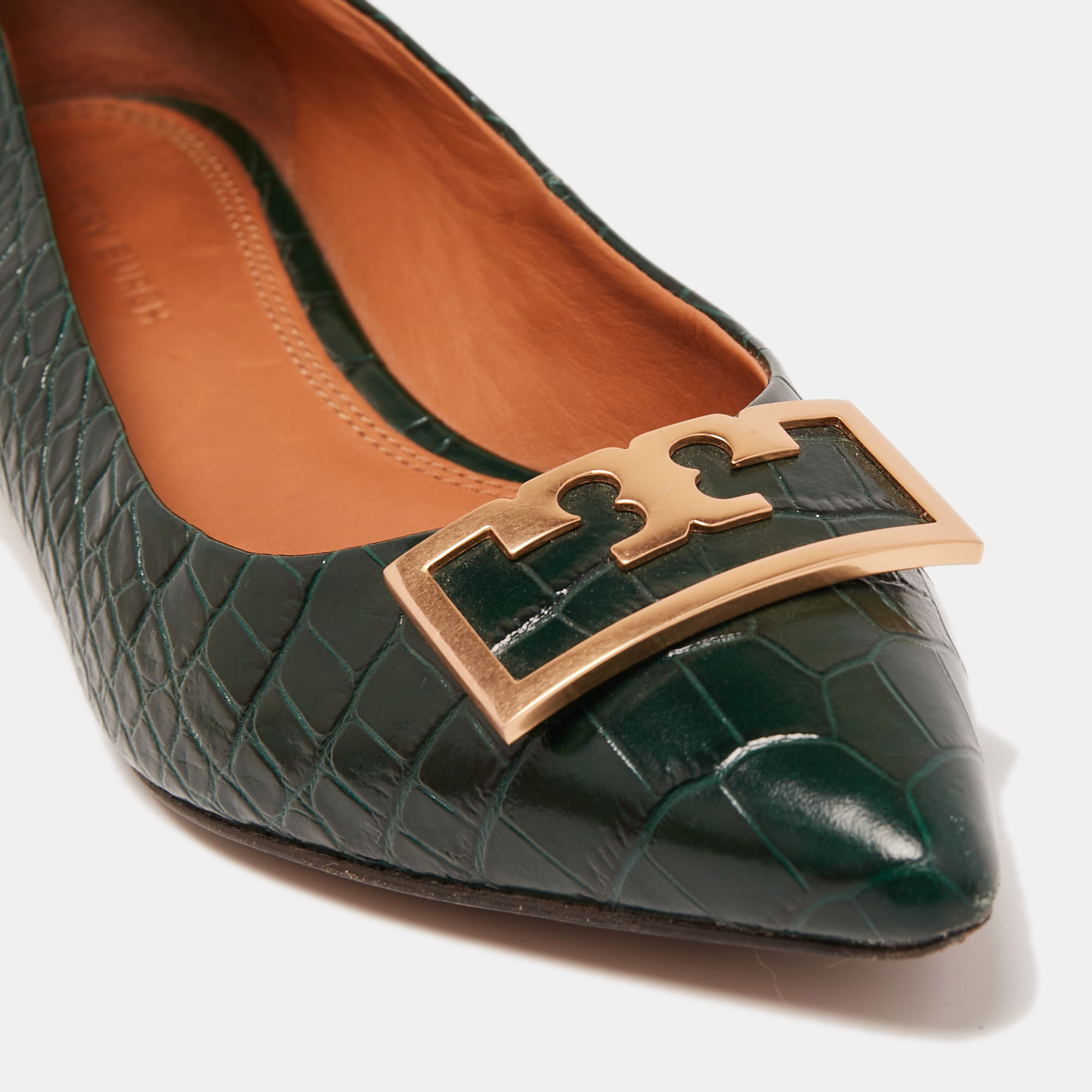 Tory Burch Green Croc Embossed Leather Pointed Toe Ballet Flats Size 36