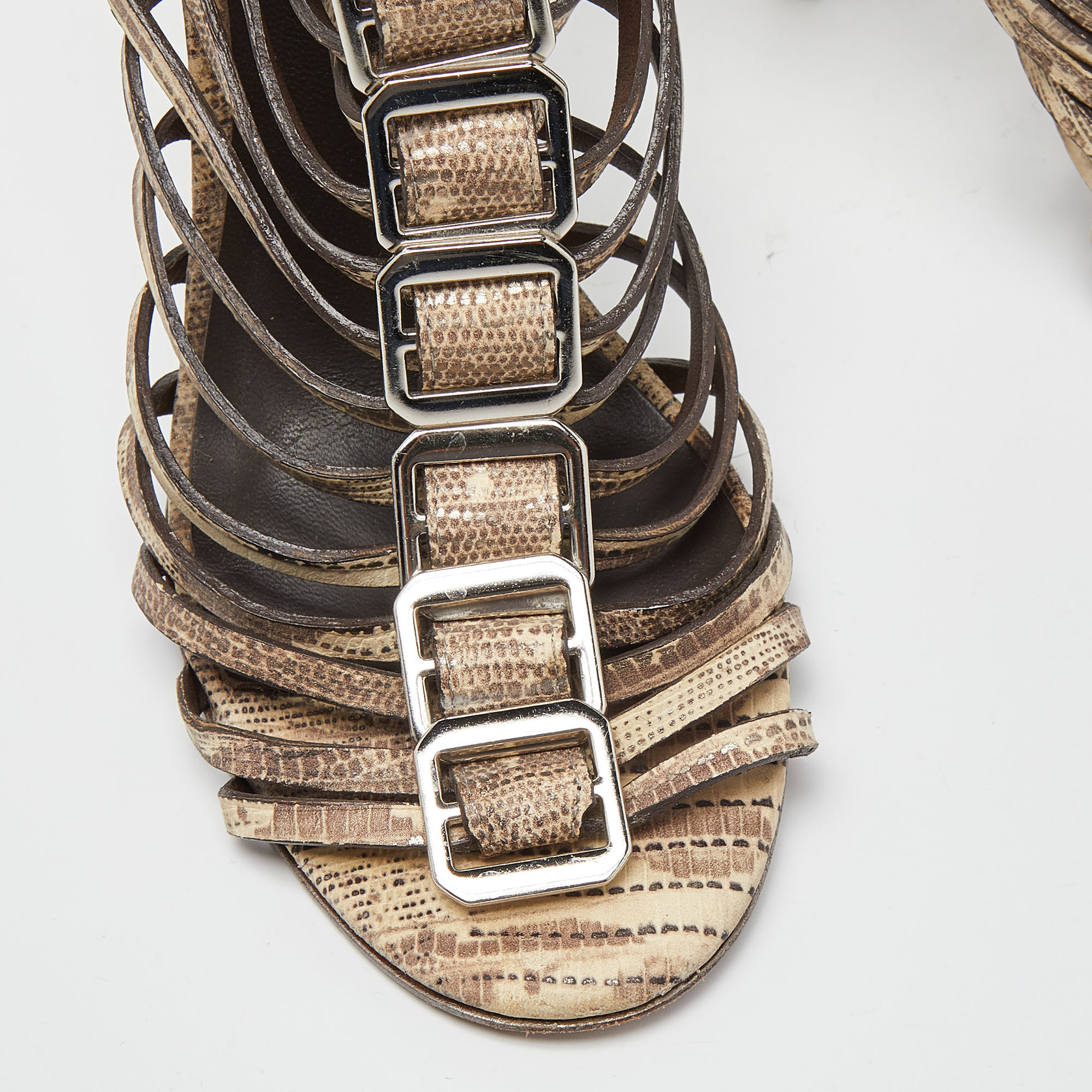 Tory Burch Beige Snakeskin Embossed Nubuck Leather Gladiator Buckle Sandals Size 37