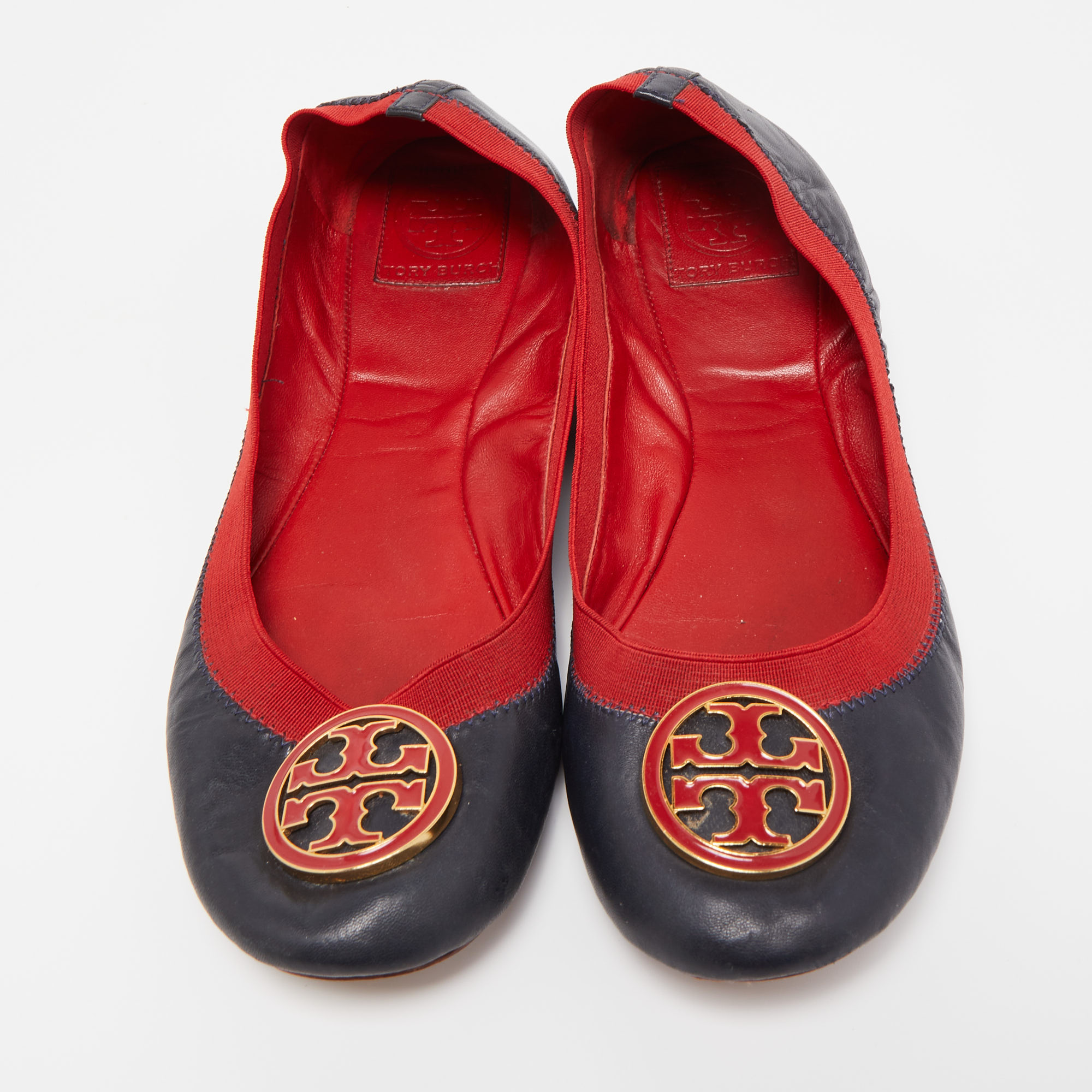 Tory Burch Navy Blue/Red Leather Caroline Scrunch Ballet Flats Size 40.5