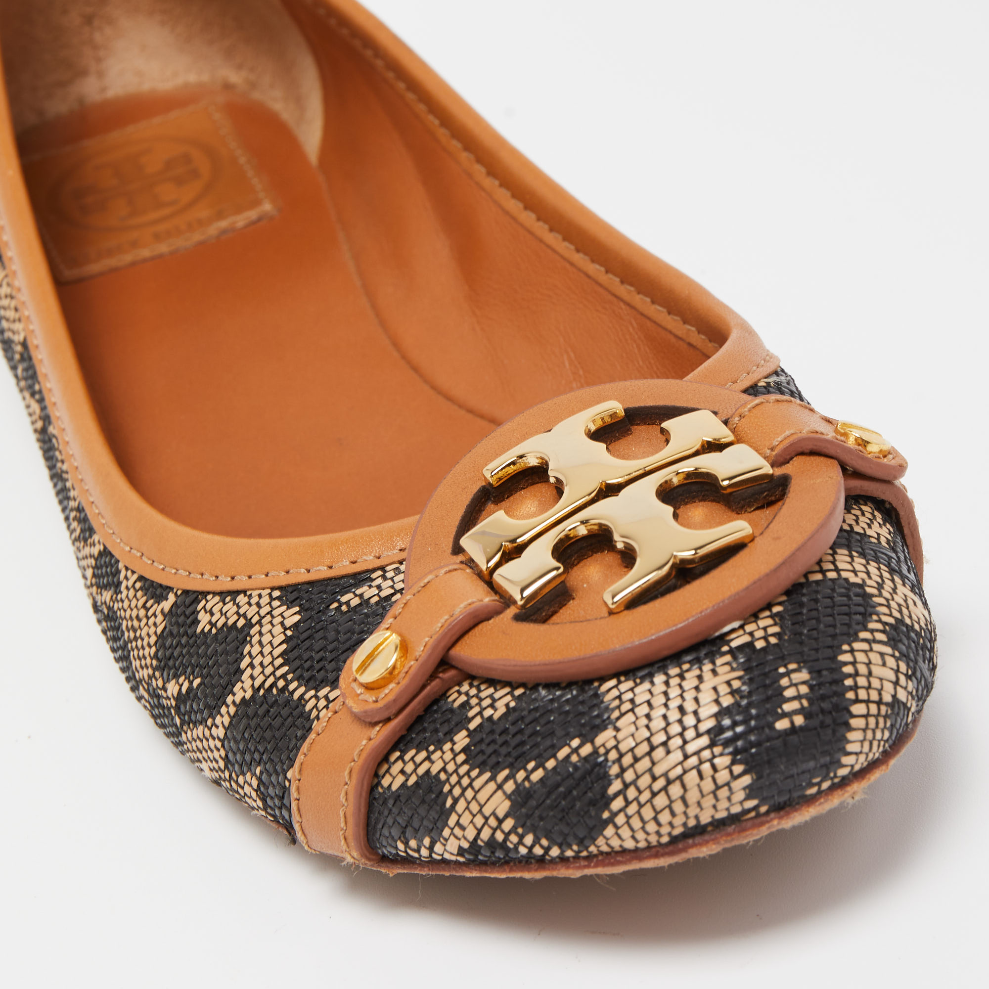 Tory Burch Black/Brown Printed Straw And Leather Aaden Ballet Flats Size 38.5