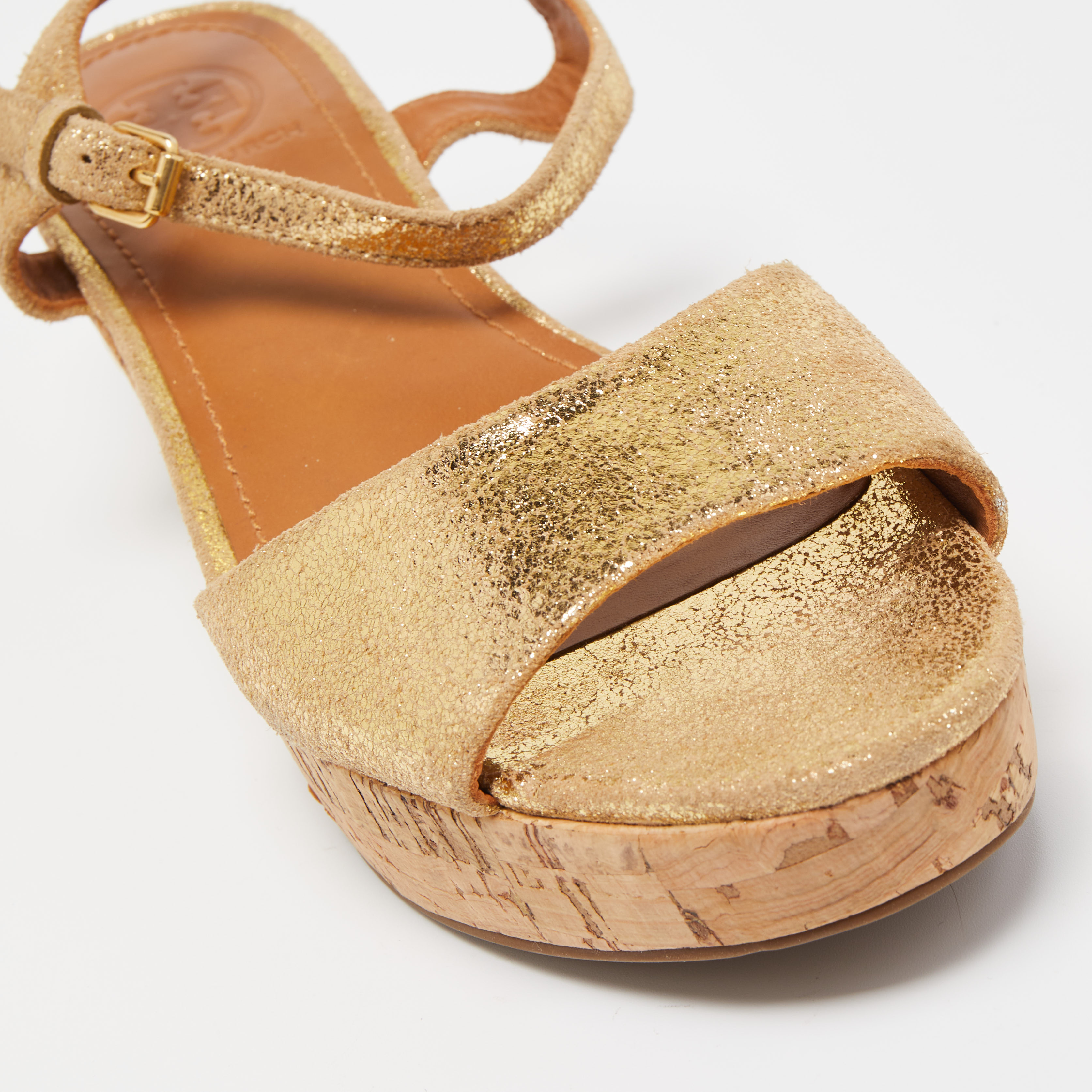 Tory Burch Metallic Gold Texture Suede Dahlia Wedge Sandals Size 38