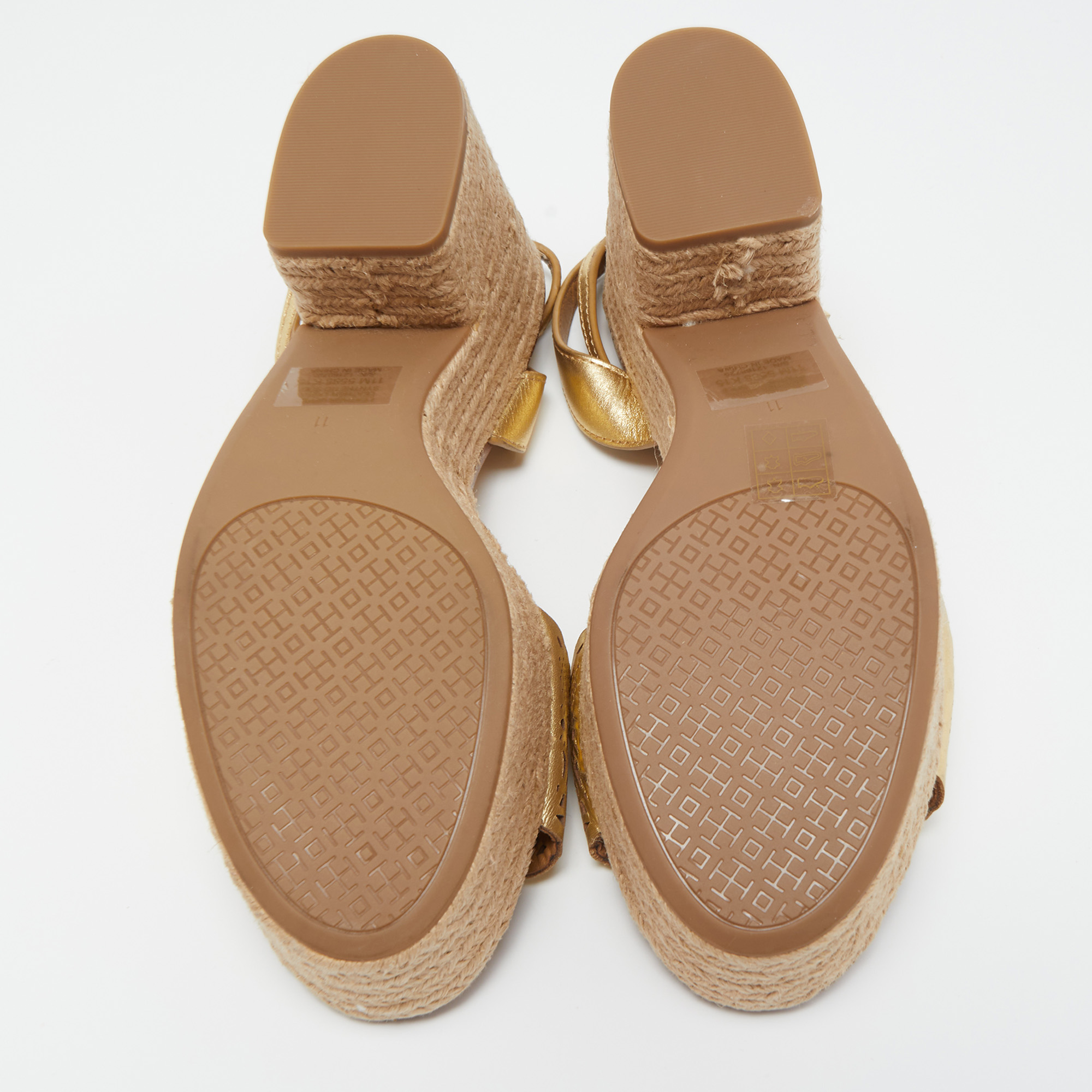 Tory Burch Gold  Laser Cut Leather Roselle Espadrille Platform Sandals Size 41