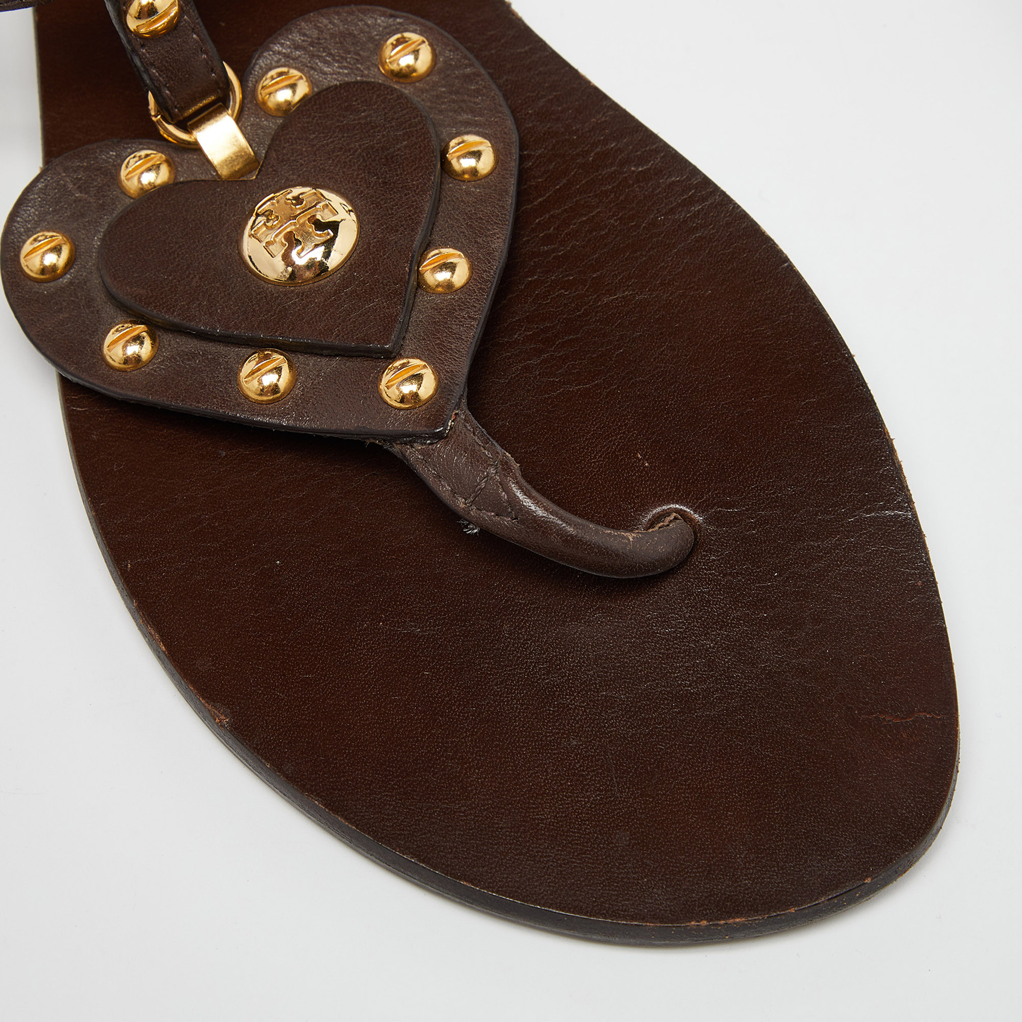 Tory Burch Brown Studded Leather T Strap Thong Flat Sandals Size 38.5