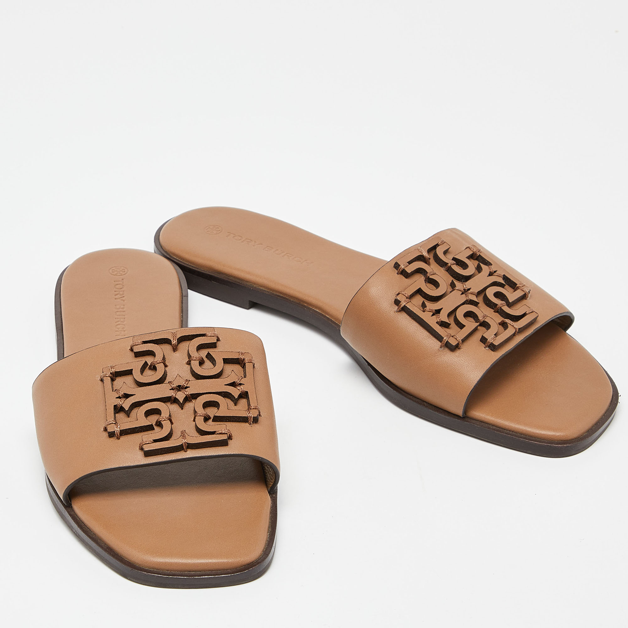 Tory Burch Beige Leather Ines Slide Sandals Size 38
