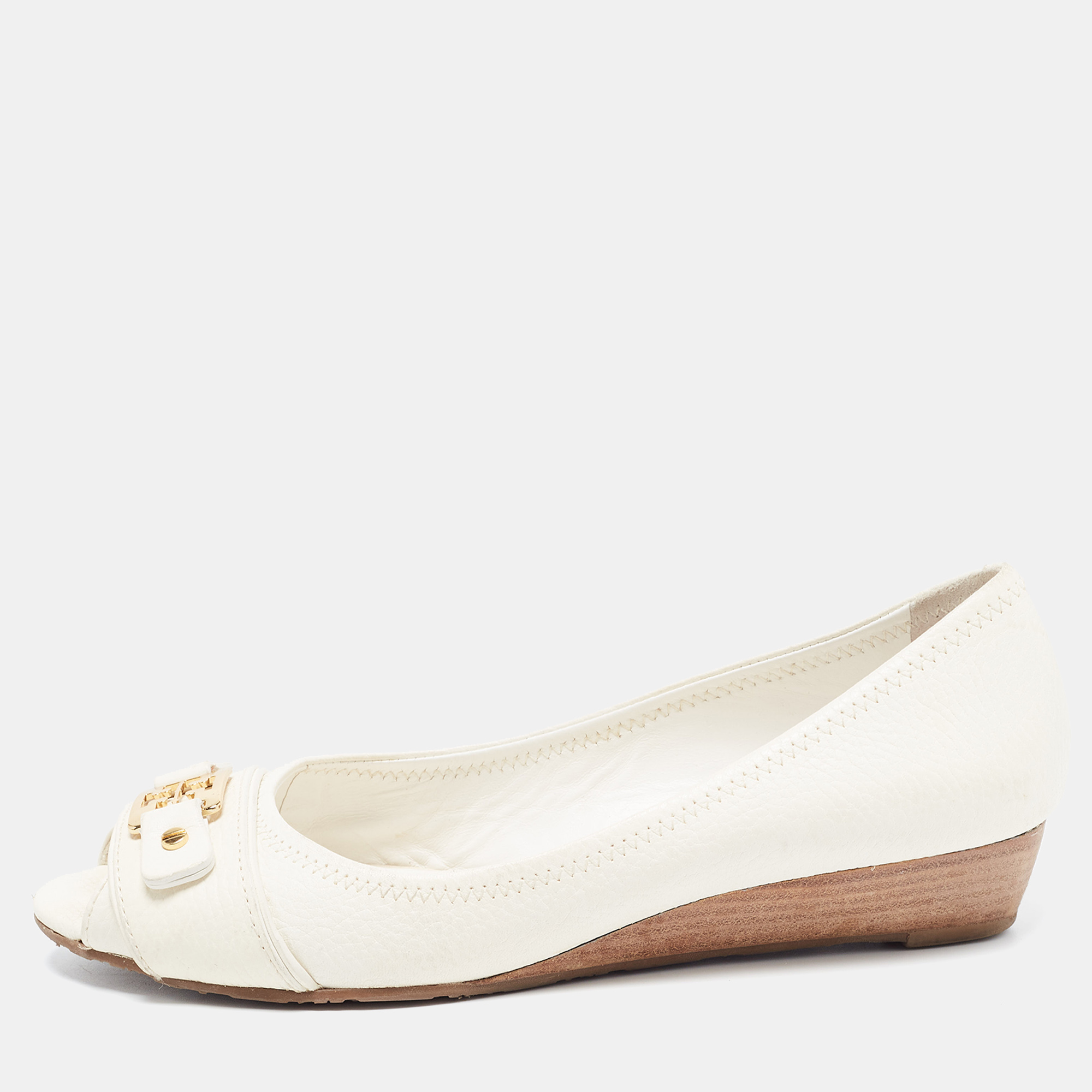 Tory Burch White Leather Logo Detail Peep Toe Wedge Pumps Size 40