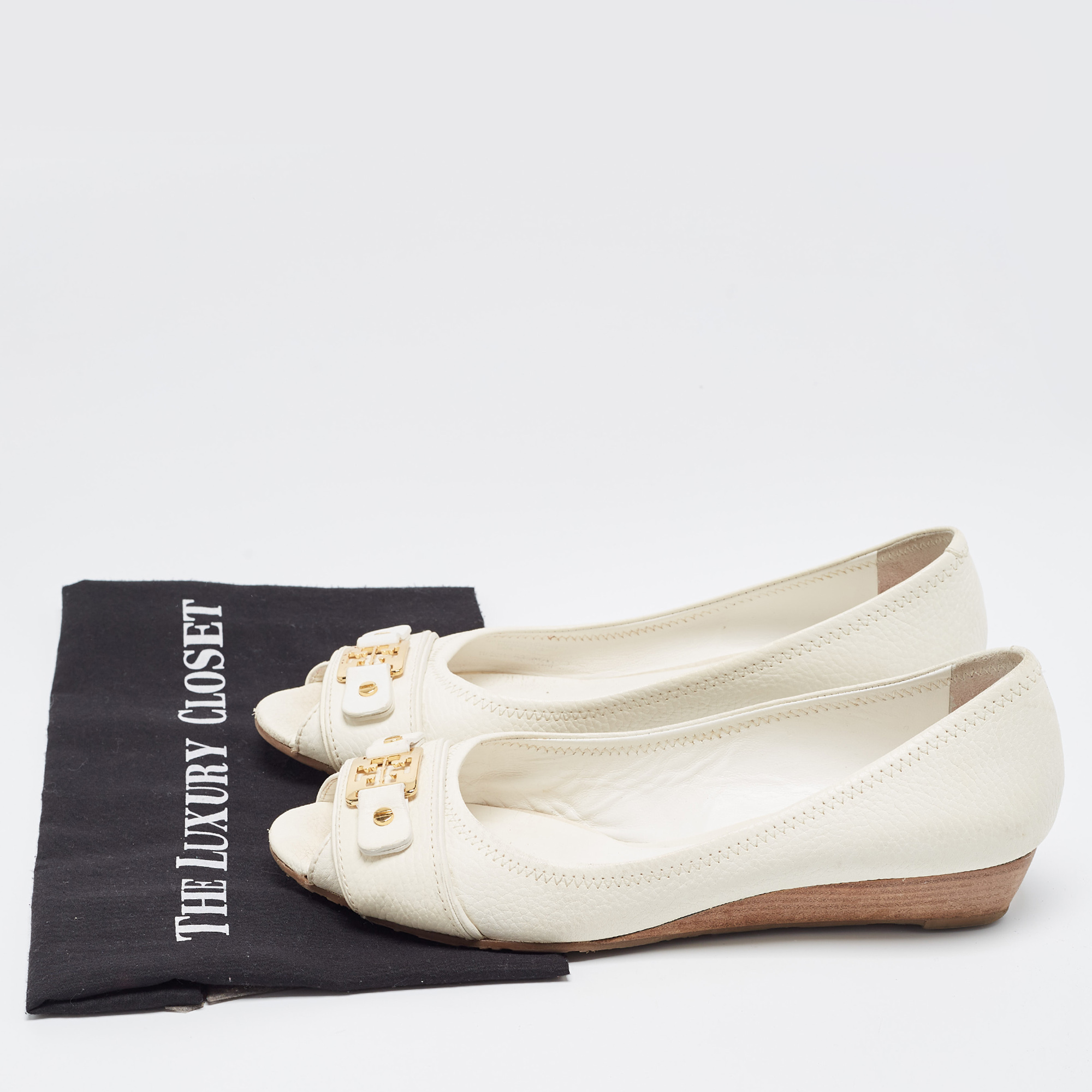 Tory Burch White Leather Logo Detail Peep Toe Wedge Pumps Size 40