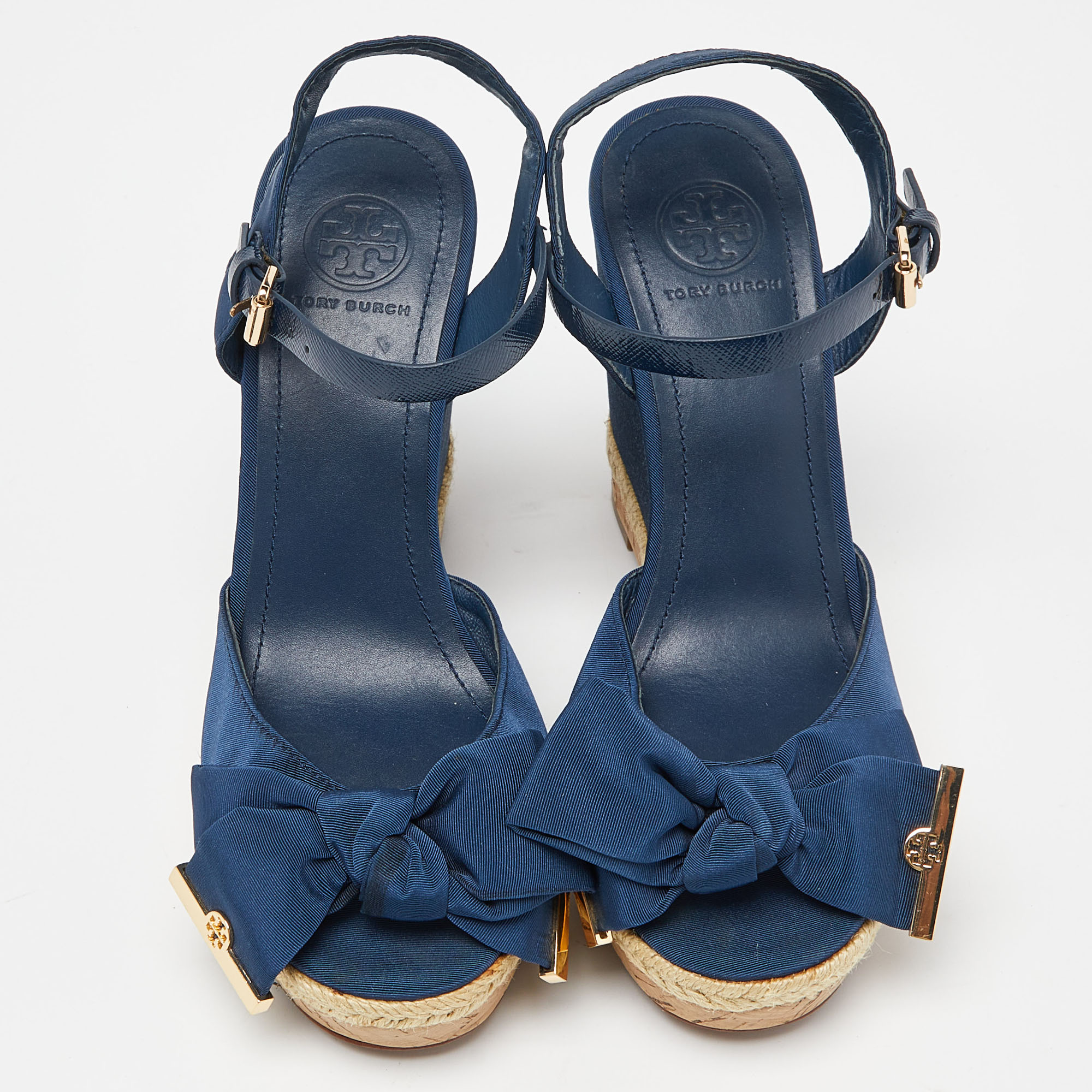 Tory Burch Blue Canvas And Leather Espadrille Wedge Ankle Strap Sandals Size 38