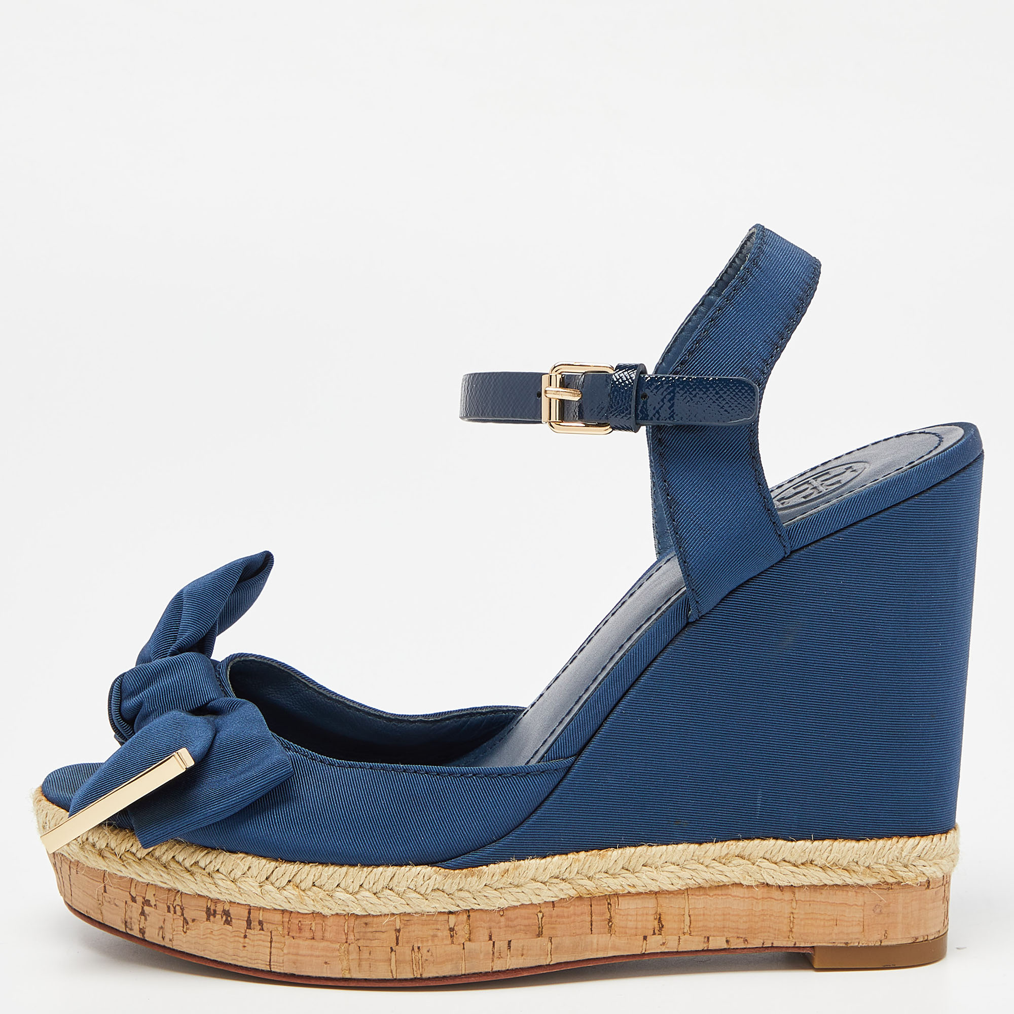 Tory Burch Blue Canvas And Leather Espadrille Wedge Ankle Strap Sandals Size 38