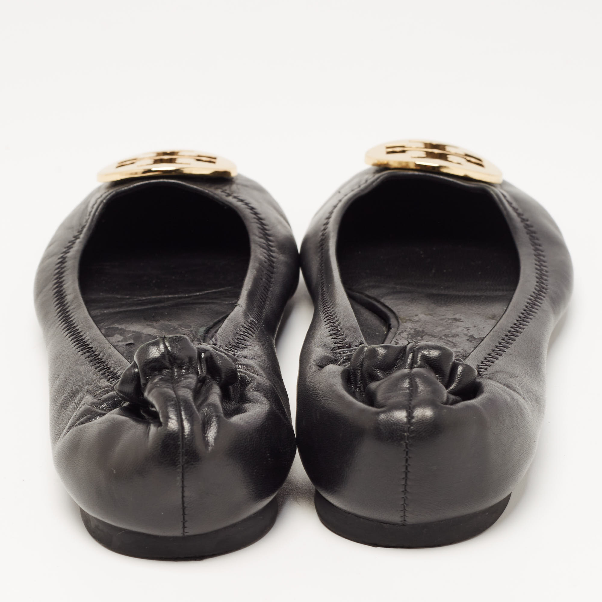 Tory Burch Black Leather Reva Pebbled Logo Ballet Flats Size 38.5