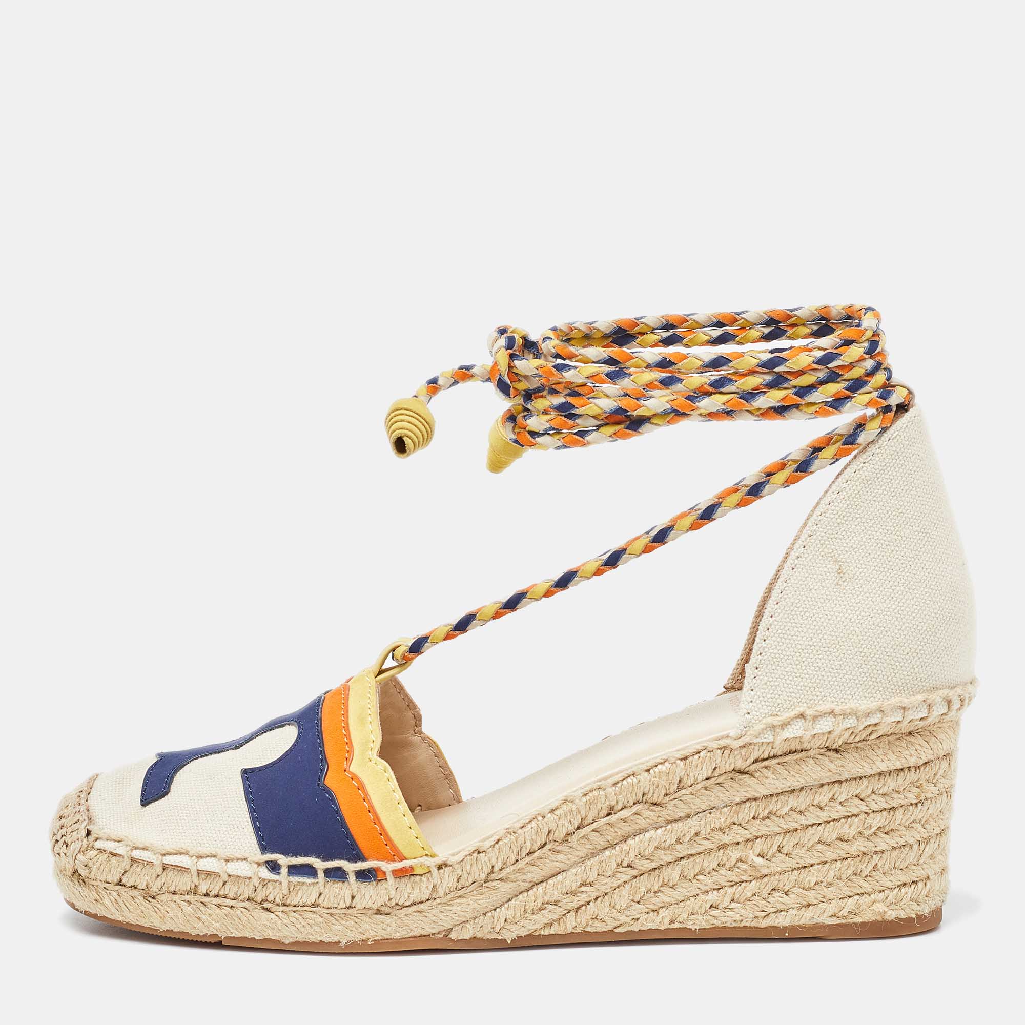 Tory Burch Multicolor Canvas And Nubuck Laguna Espadrille Wedge Sandals 35.5